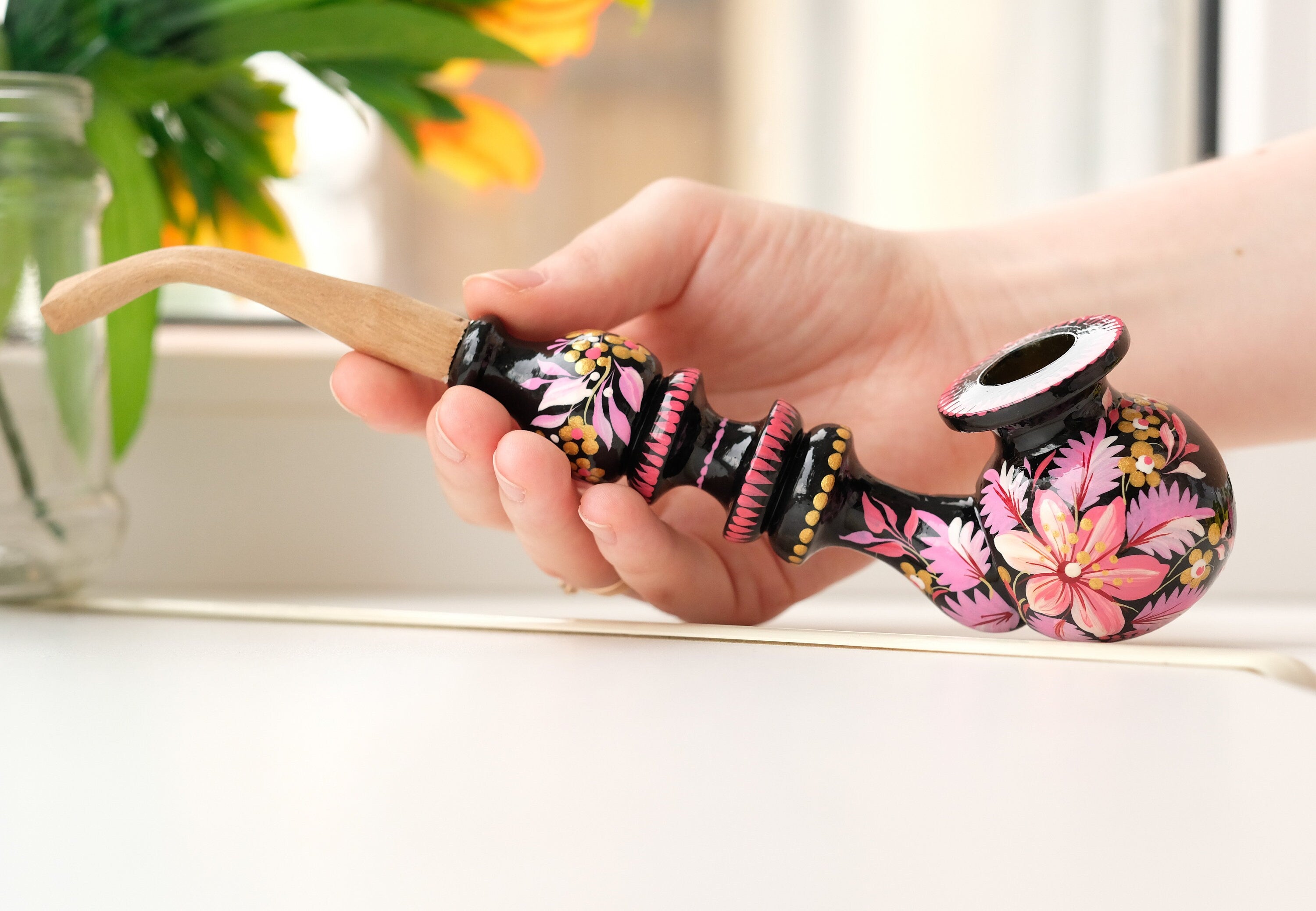 Personalized Painted Smoking Pipe with Ukrainian Folk Art Petrykivka - Wooden Pink Flower Tobacco Pipe