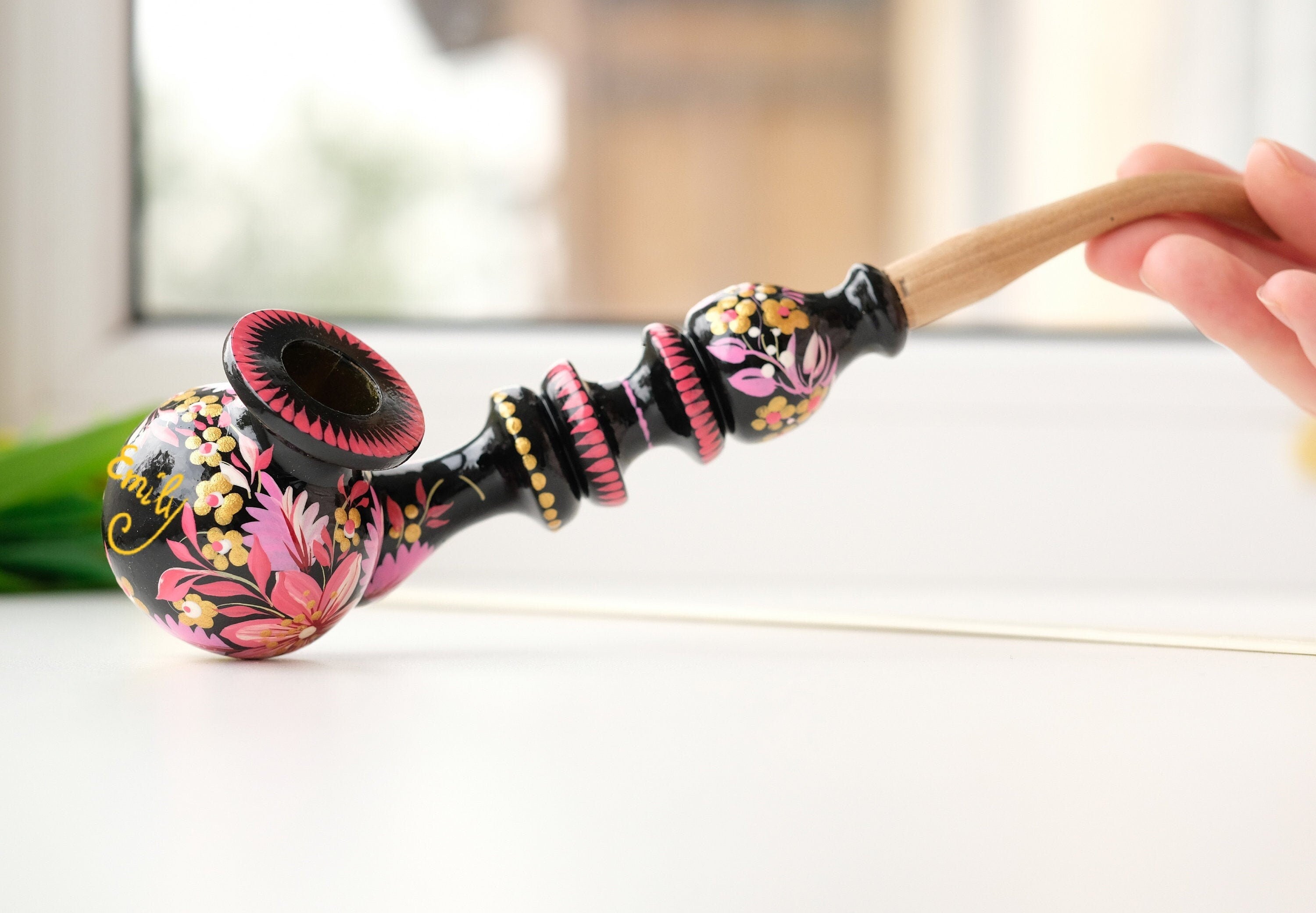 Personalized Painted Smoking Pipe with Ukrainian Folk Art Petrykivka - Wooden Pink Flower Tobacco Pipe