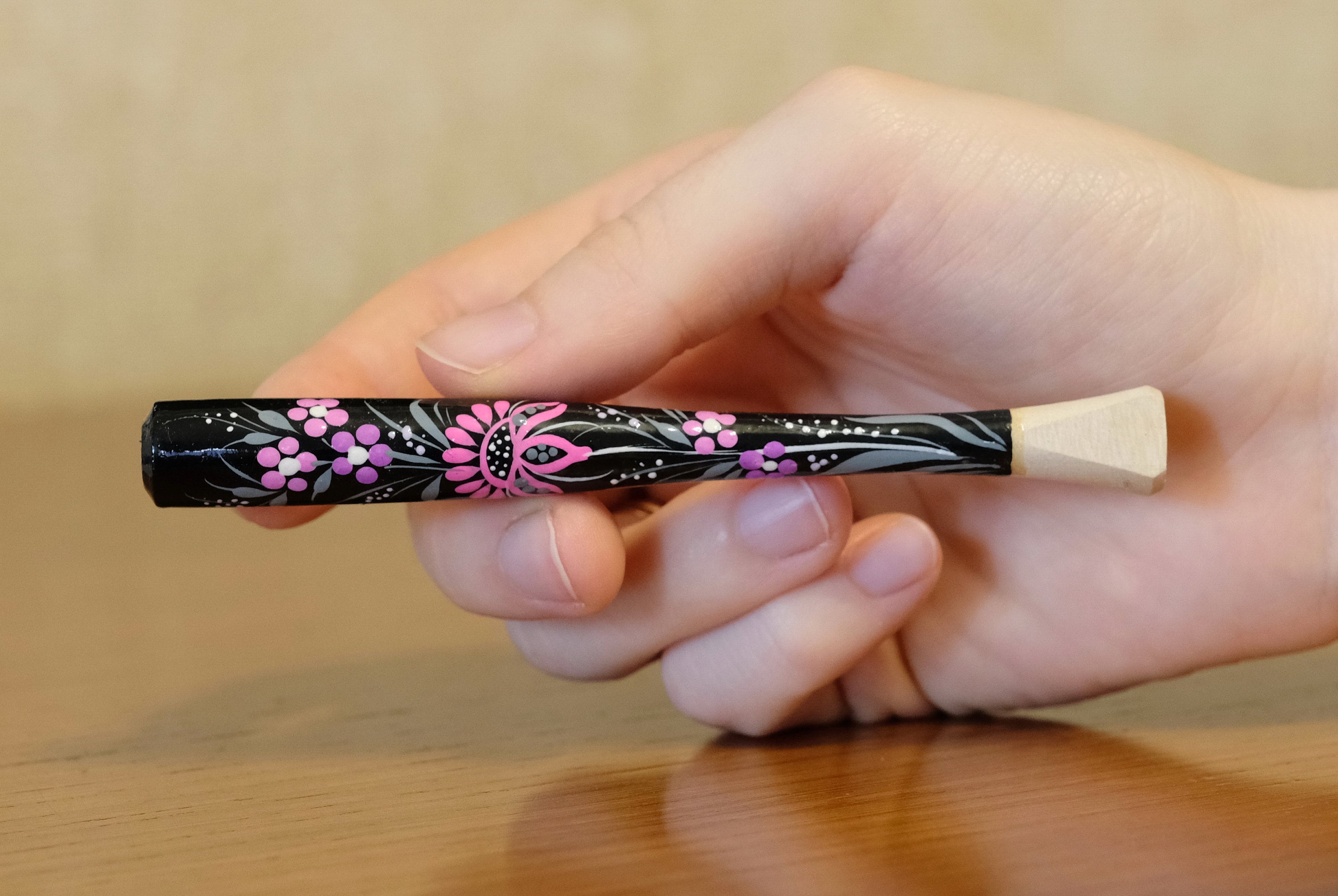 Wooden Slim Cigarette Holder Hand-painted with Ukrainian Folk Art Petrykivka
