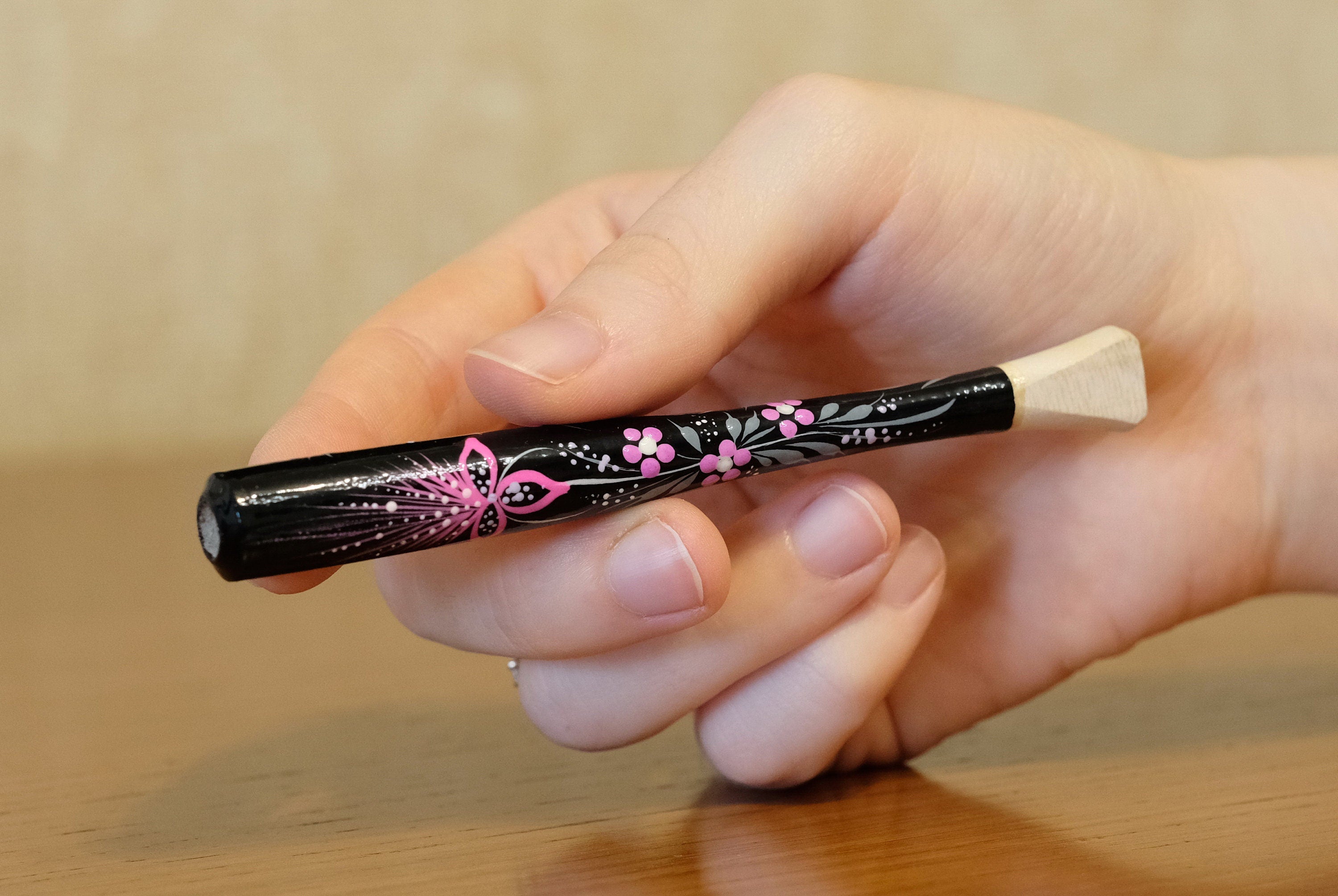 Wooden Slim Cigarette Holder Hand-painted with Ukrainian Folk Art Petrykivka