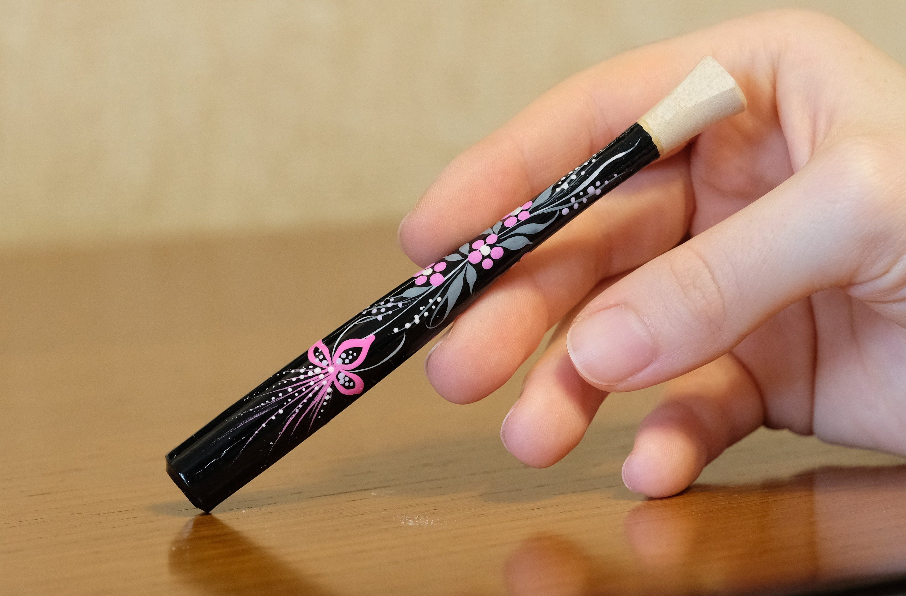 Wooden Slim Cigarette Holder Hand-painted with Ukrainian Folk Art Petrykivka