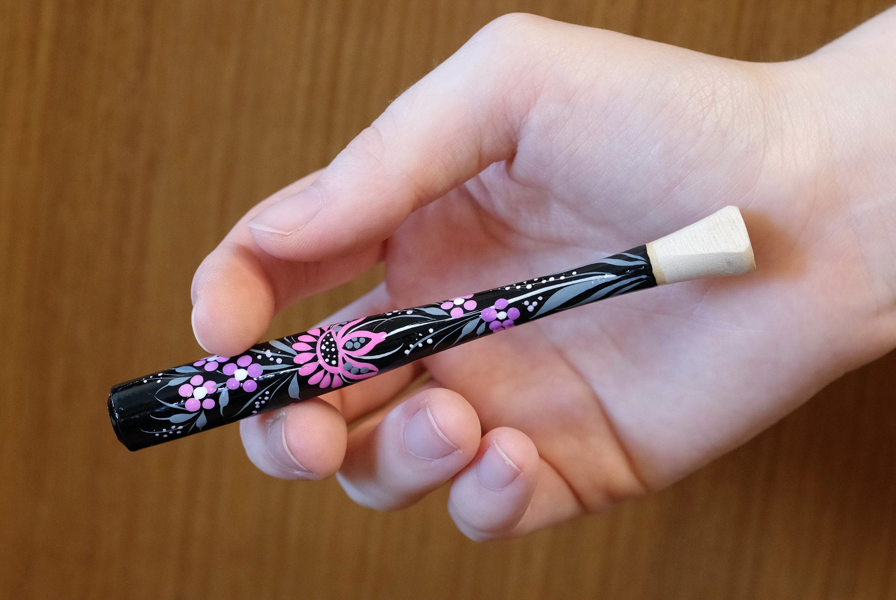 Wooden Slim Cigarette Holder Hand-painted with Ukrainian Folk Art Petrykivka