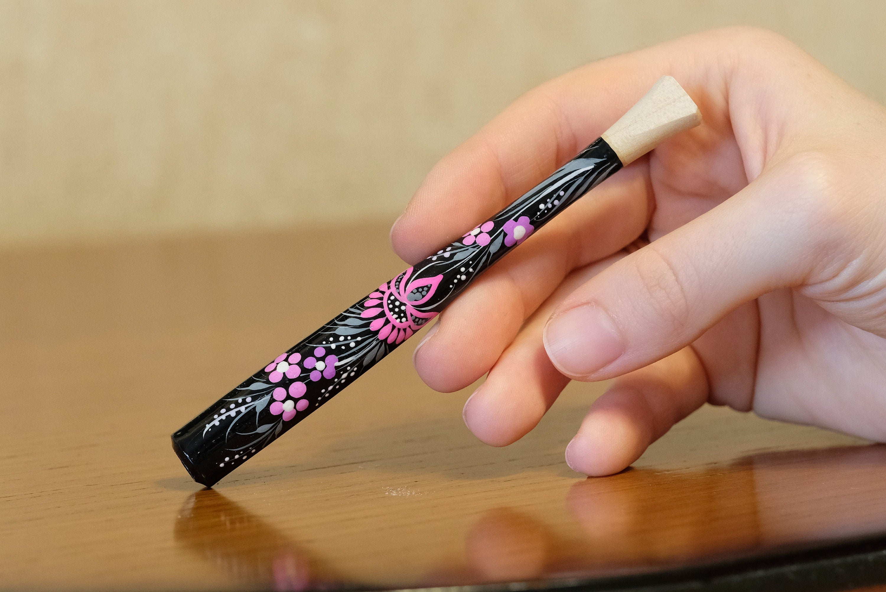 Wooden Slim Cigarette Holder Hand-painted with Ukrainian Folk Art Petrykivka