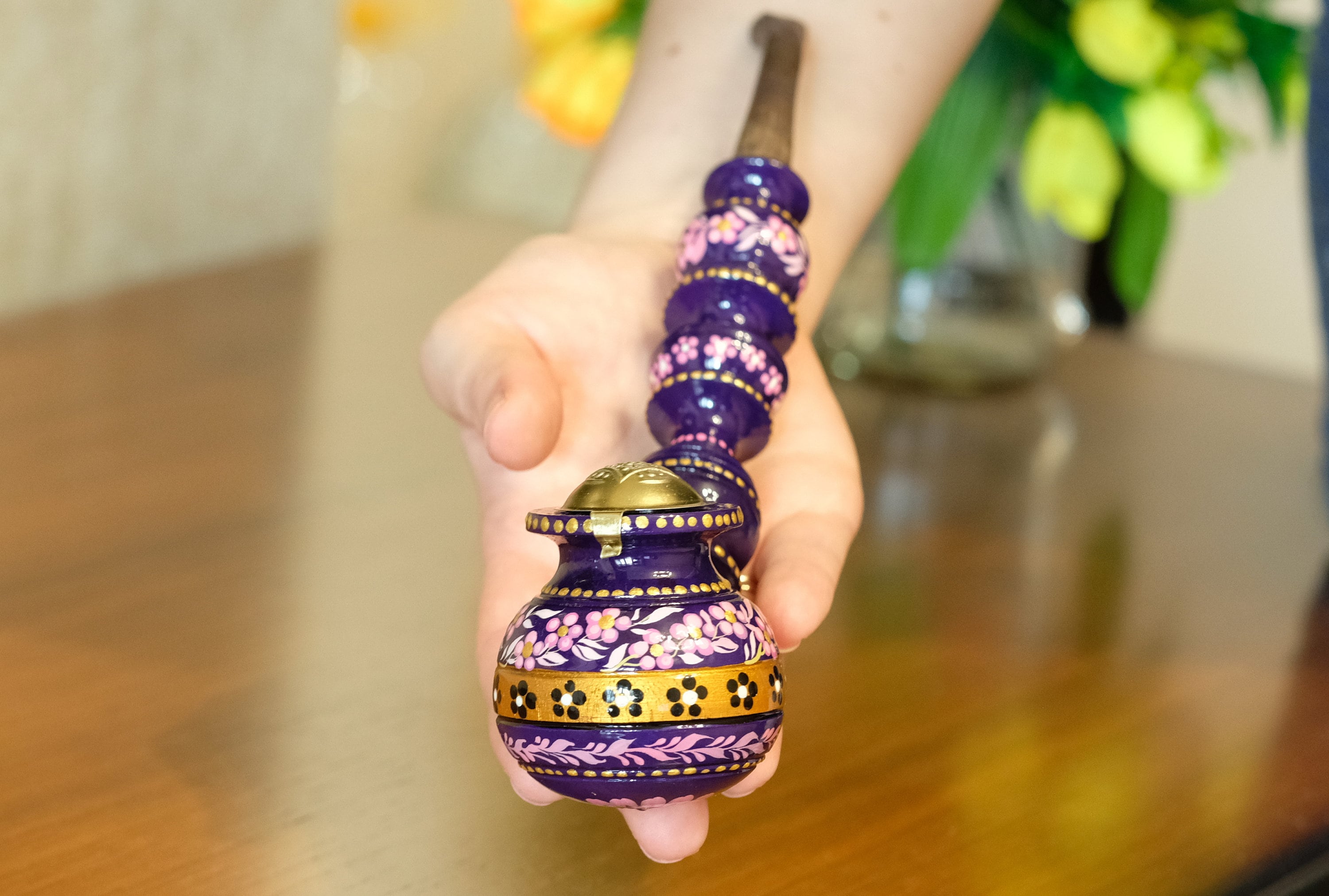 Painted Wooden Smoking Pipe with Lid - Cherry Blossom Tobacco Pipe - Ukrainian Folk Art Petrykivka