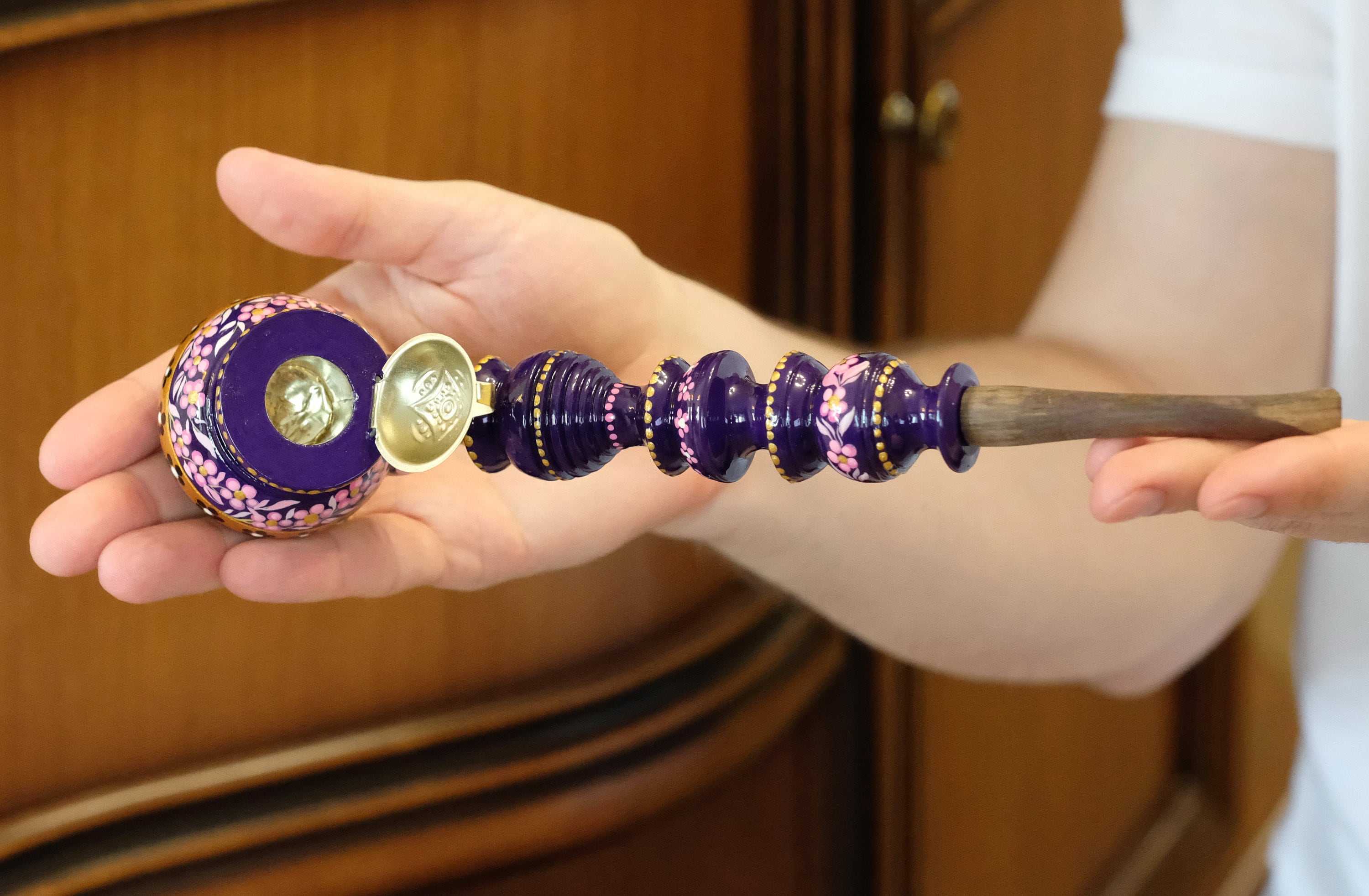 Painted Wooden Smoking Pipe with Lid - Cherry Blossom Tobacco Pipe - Ukrainian Folk Art Petrykivka