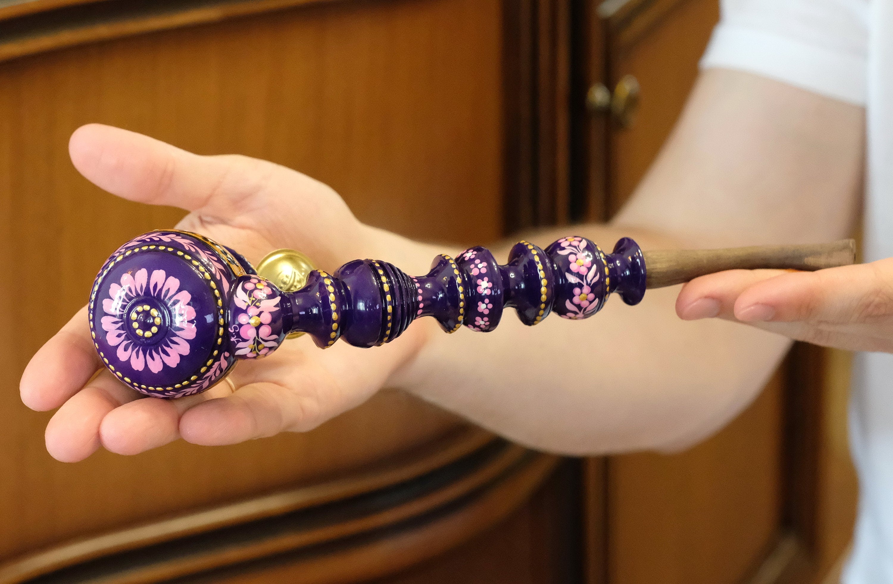 Painted Wooden Smoking Pipe with Lid - Cherry Blossom Tobacco Pipe - Ukrainian Folk Art Petrykivka