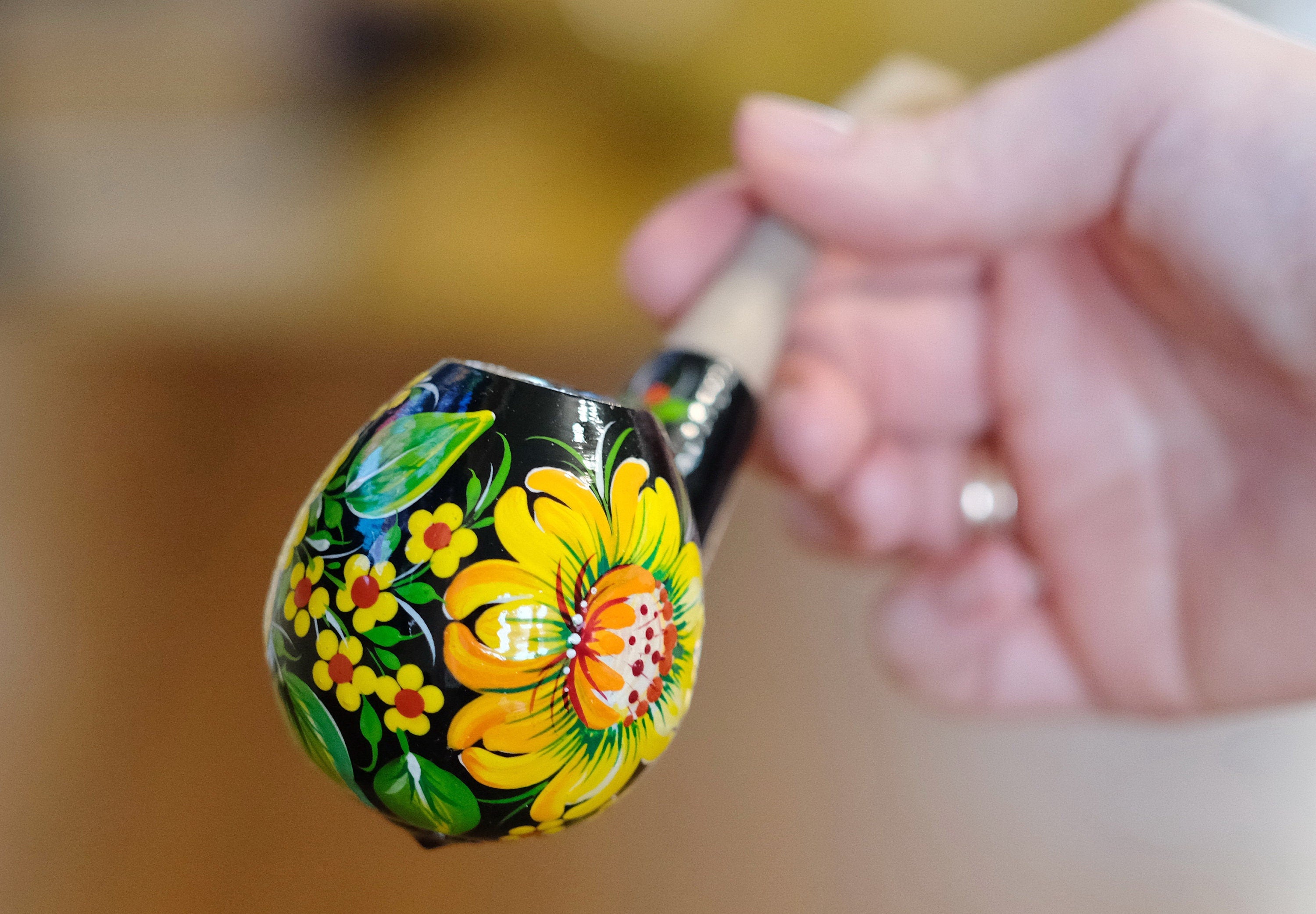 Sunflower Smoking Pipe - Hand-painted Wooden Tobacco Pipe with Ukrainian Folk Art Petrykivka