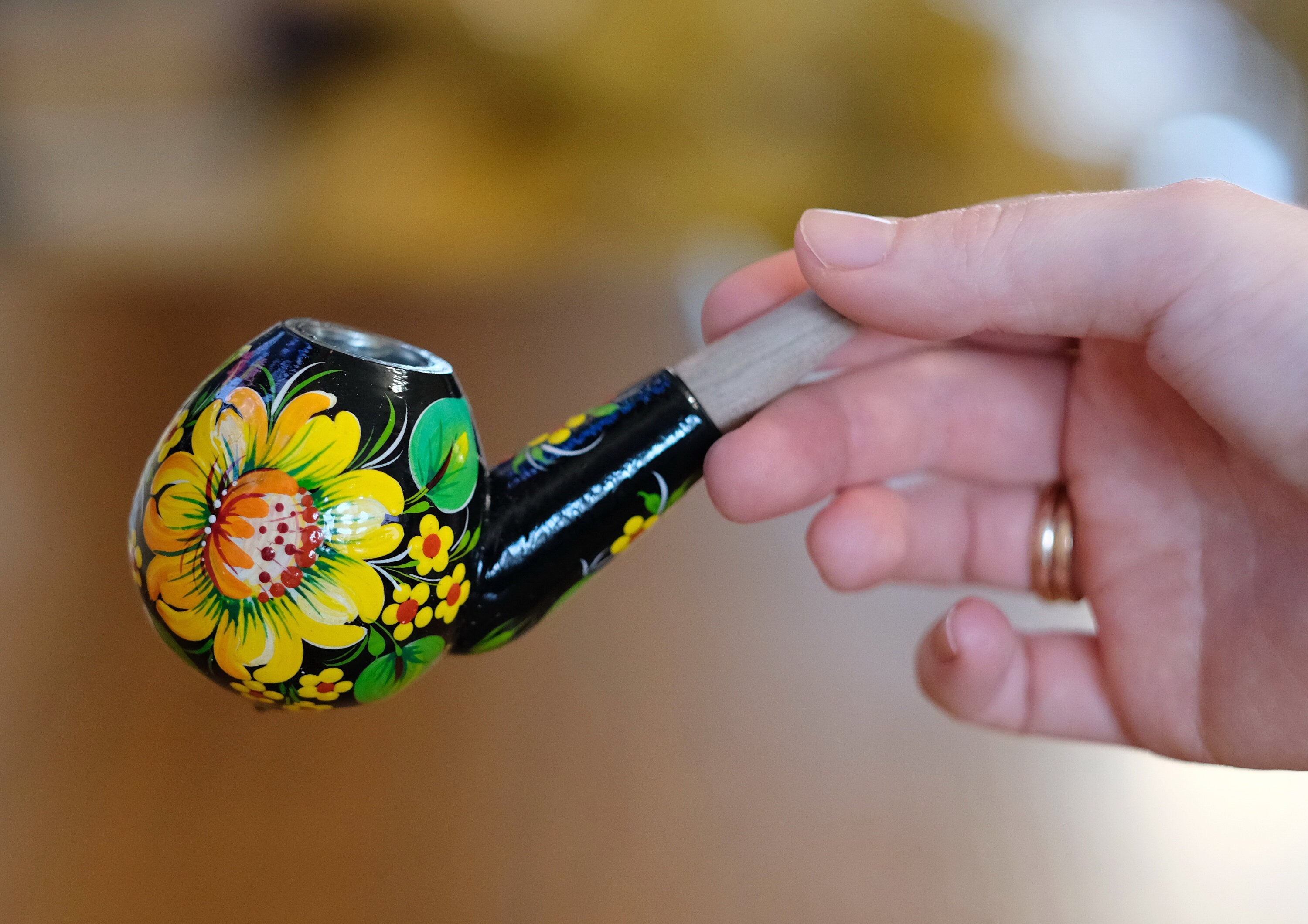 Sunflower Smoking Pipe - Hand-painted Wooden Tobacco Pipe with Ukrainian Folk Art Petrykivka