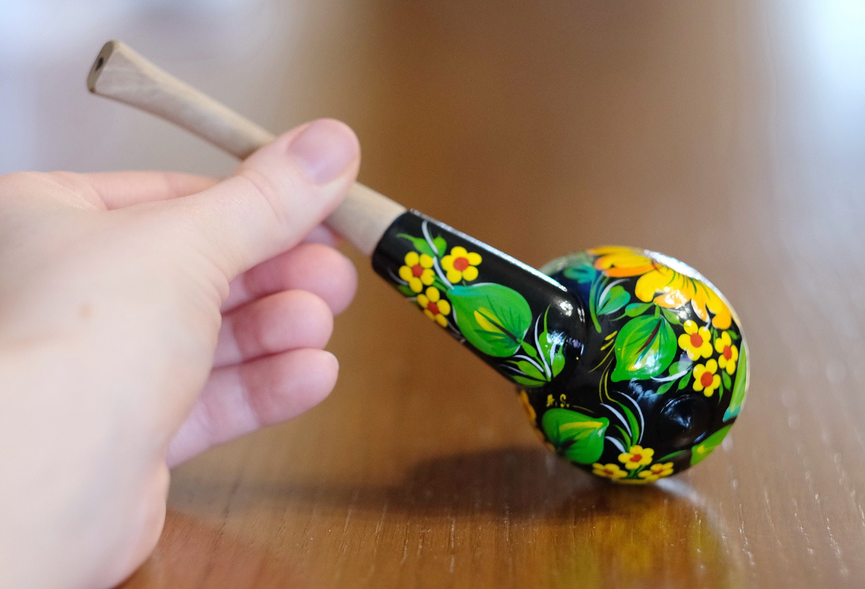 Sunflower Smoking Pipe - Hand-painted Wooden Tobacco Pipe with Ukrainian Folk Art Petrykivka