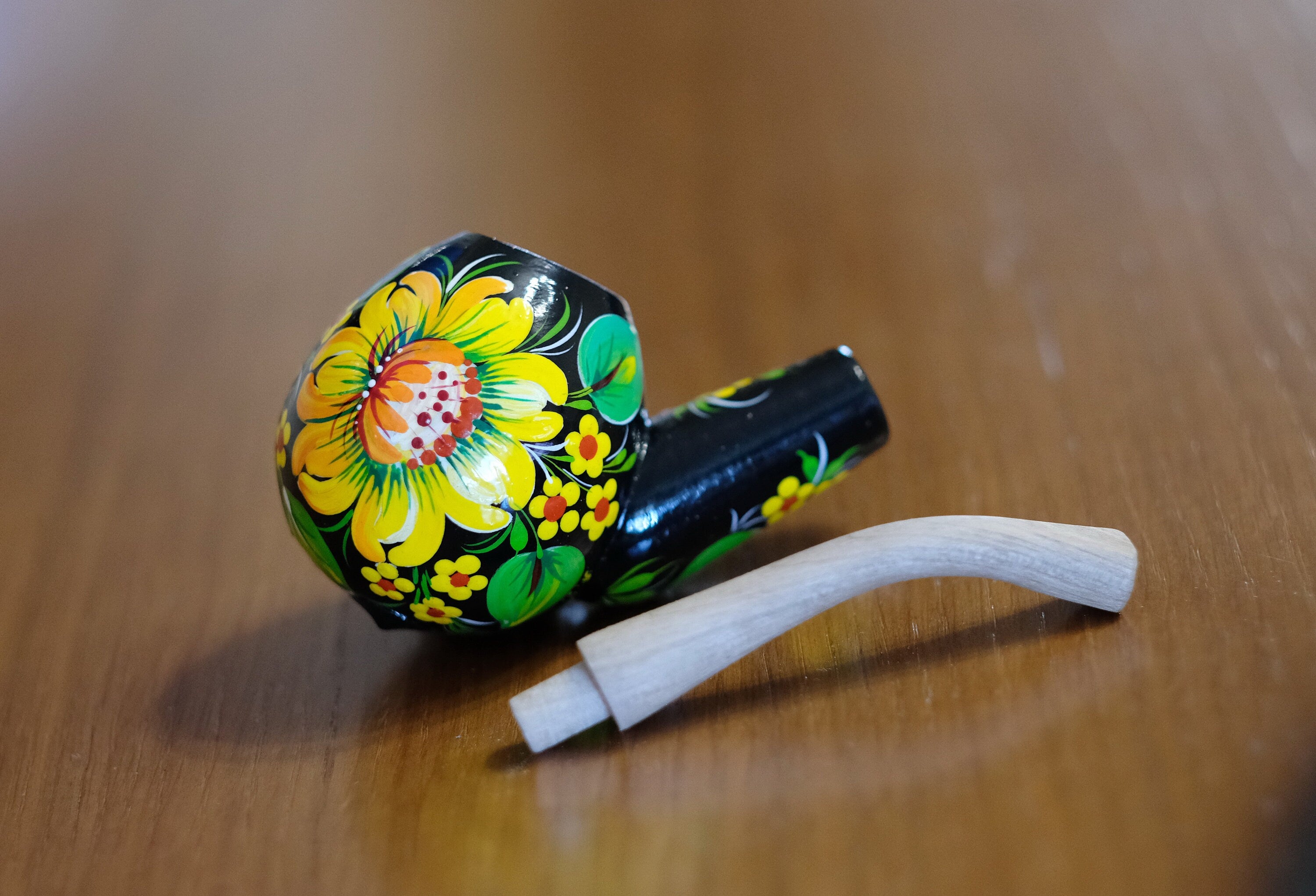 Sunflower Smoking Pipe - Hand-painted Wooden Tobacco Pipe with Ukrainian Folk Art Petrykivka