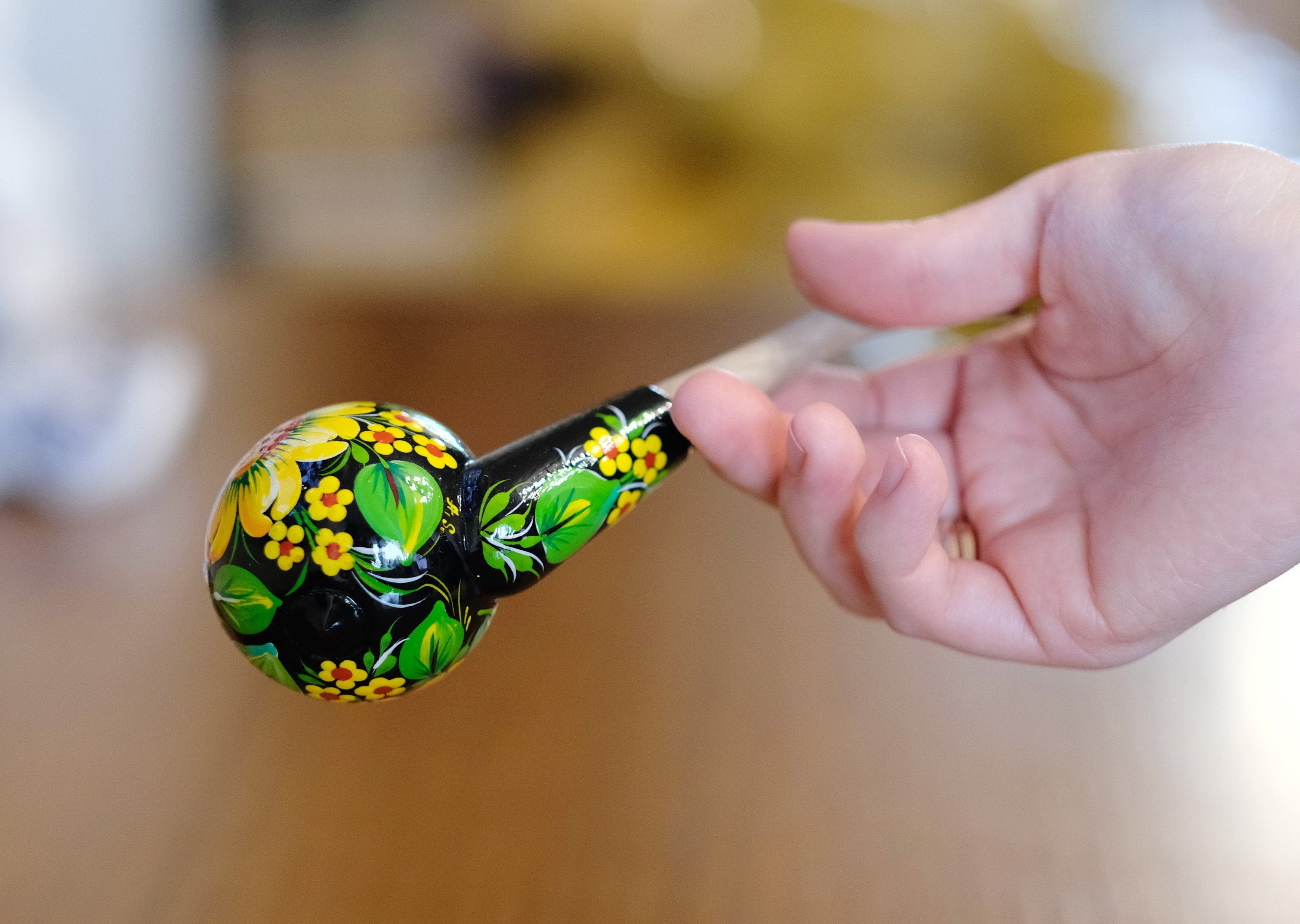 Sunflower Smoking Pipe - Hand-painted Wooden Tobacco Pipe with Ukrainian Folk Art Petrykivka