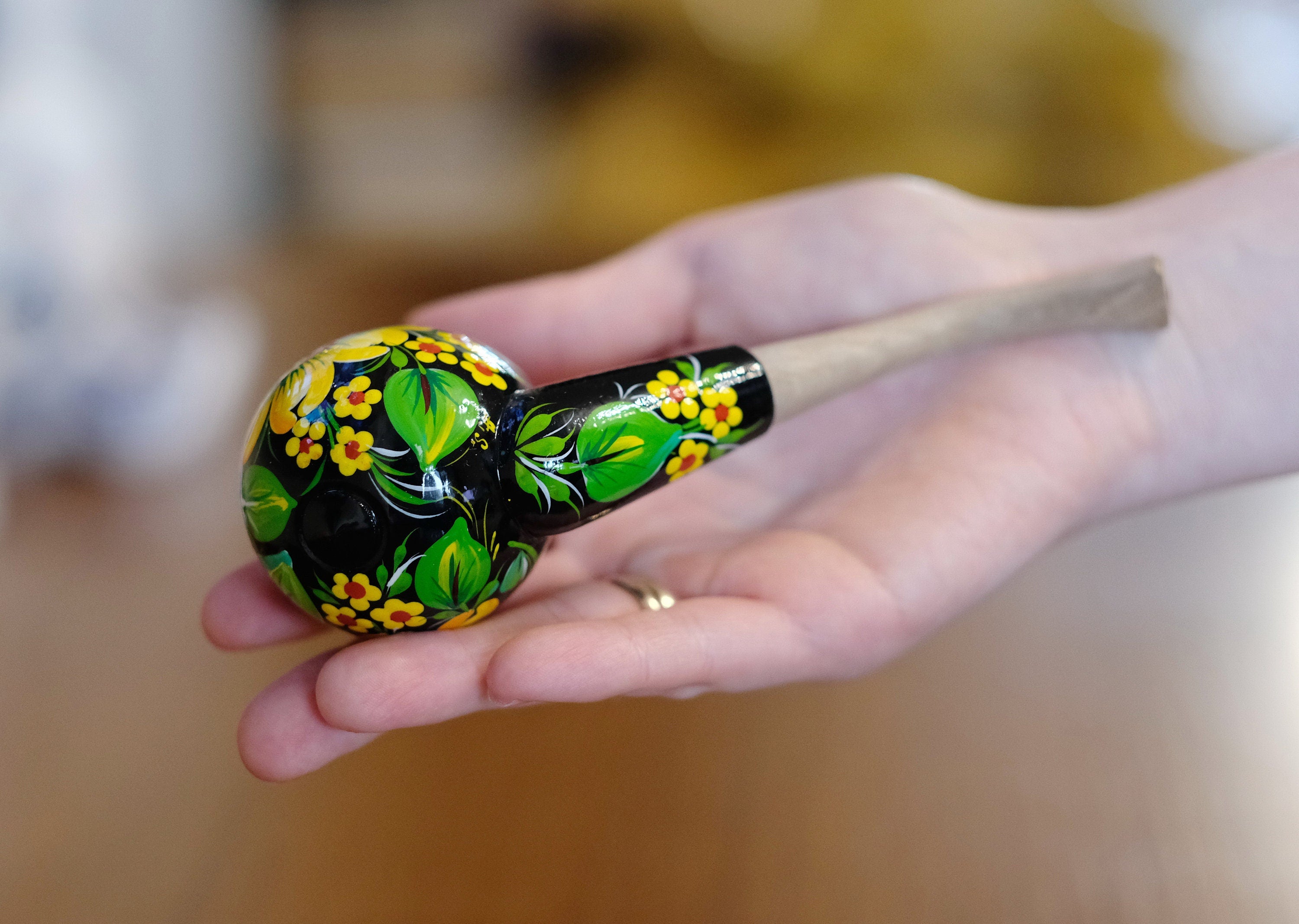 Sunflower Smoking Pipe - Hand-painted Wooden Tobacco Pipe with Ukrainian Folk Art Petrykivka