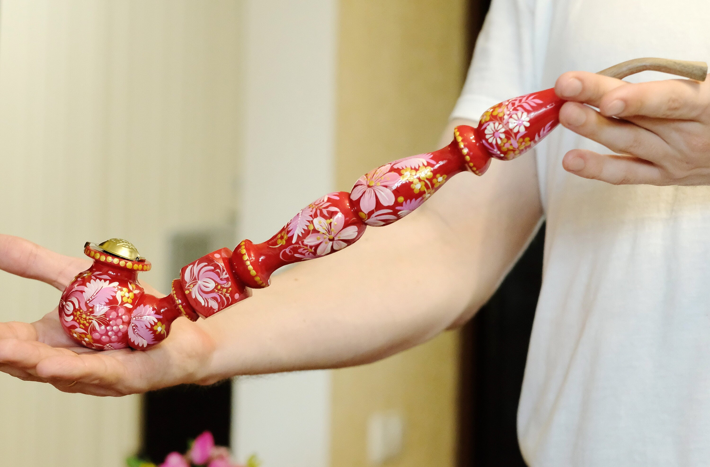 Extra Long Painted Wooden Smoking Pipe with Ukrainian Folk Art Petrykivka - Flower Tobacco Pipe with Lid
