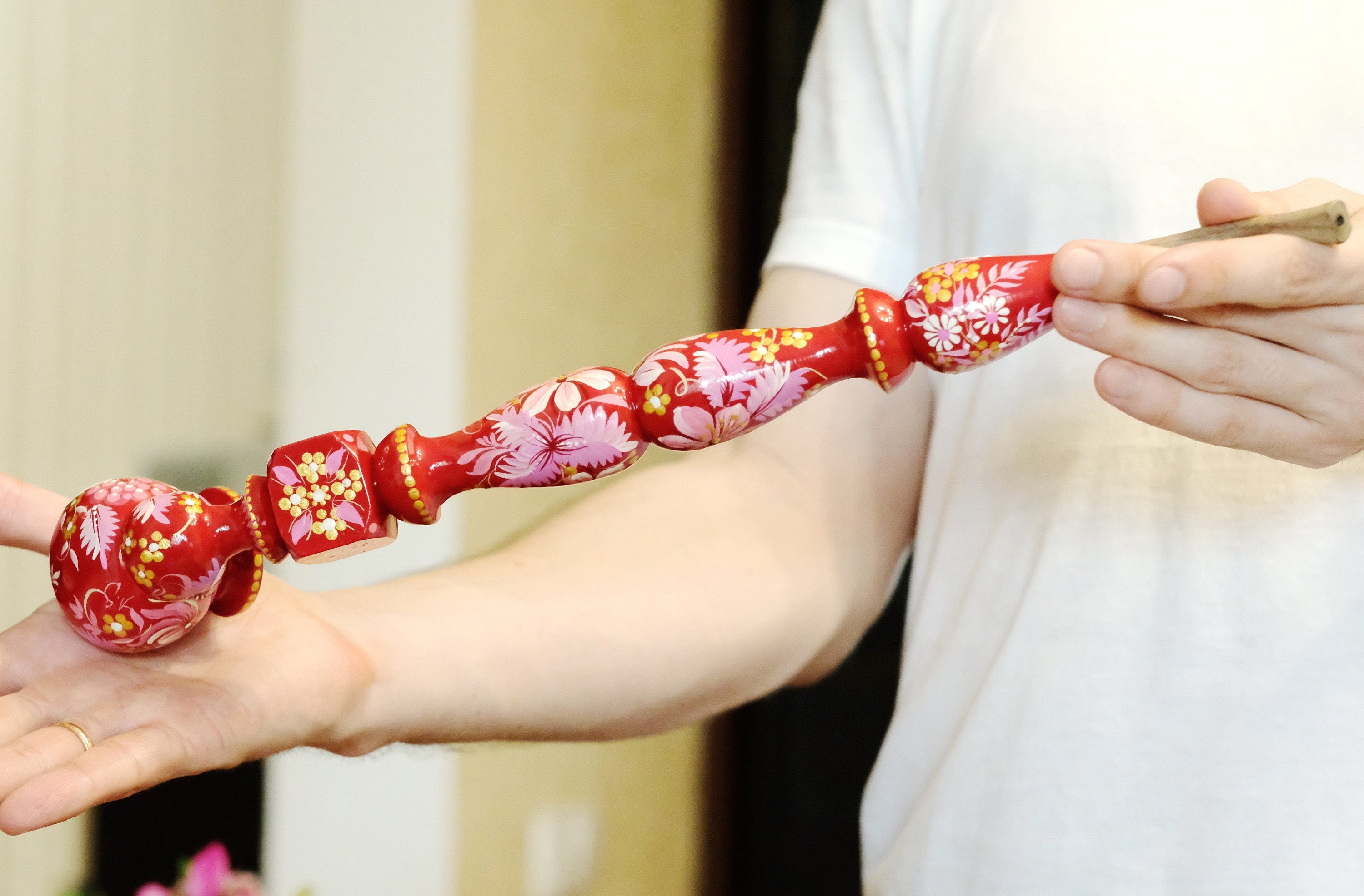 Extra Long Painted Wooden Smoking Pipe with Ukrainian Folk Art Petrykivka - Flower Tobacco Pipe with Lid
