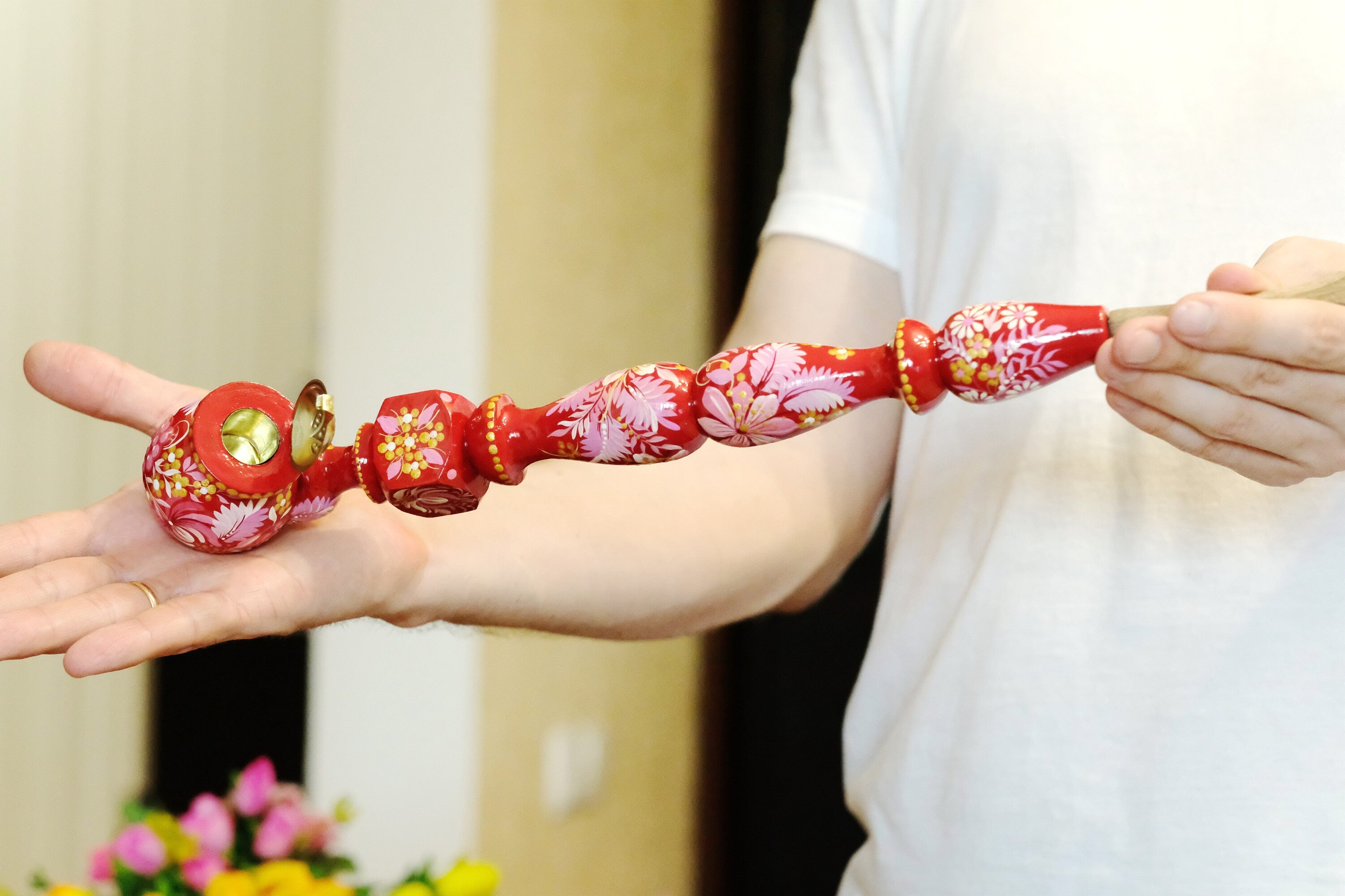 Extra Long Painted Wooden Smoking Pipe with Ukrainian Folk Art Petrykivka - Flower Tobacco Pipe with Lid