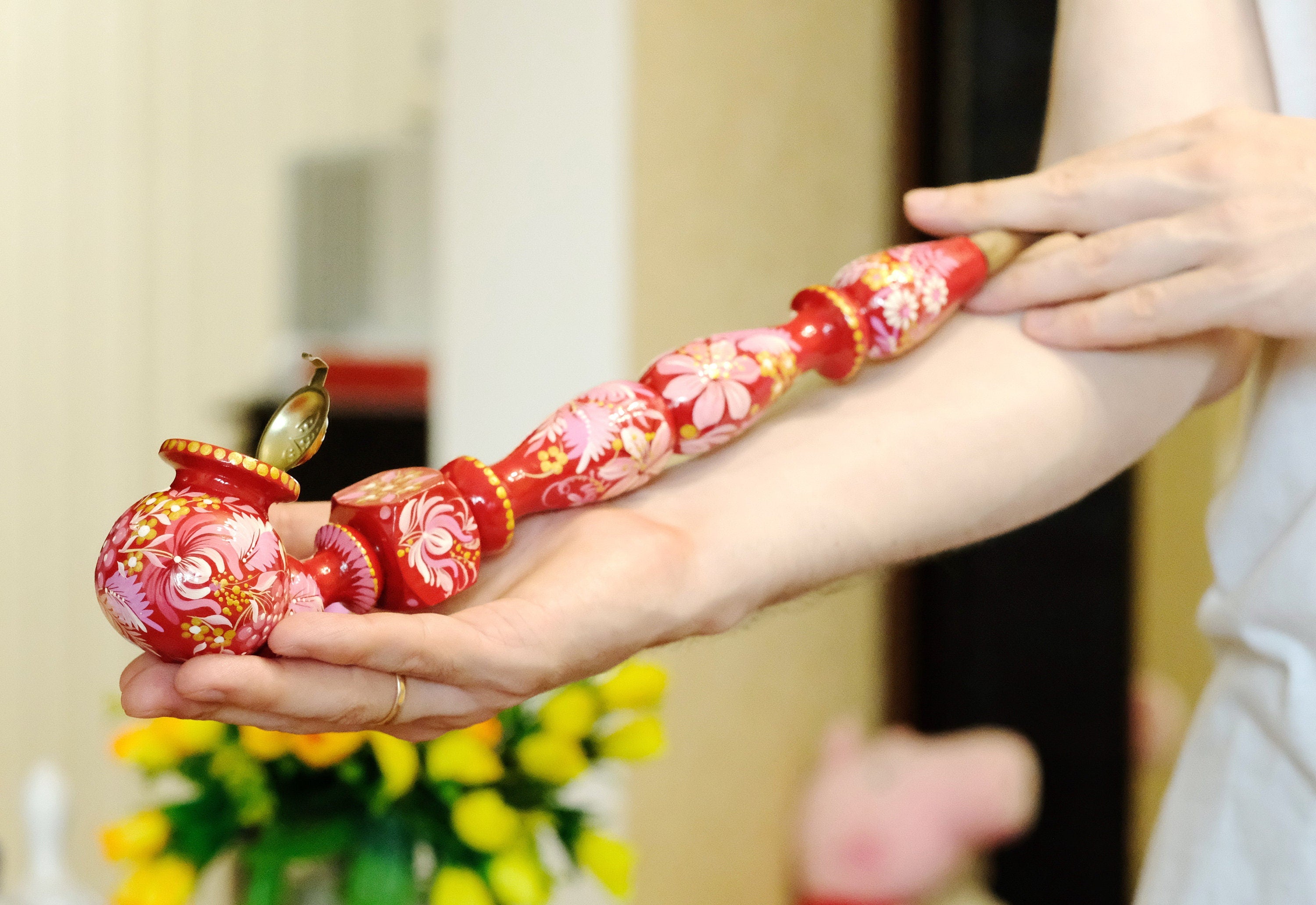 Extra Long Painted Wooden Smoking Pipe with Ukrainian Folk Art Petrykivka - Flower Tobacco Pipe with Lid