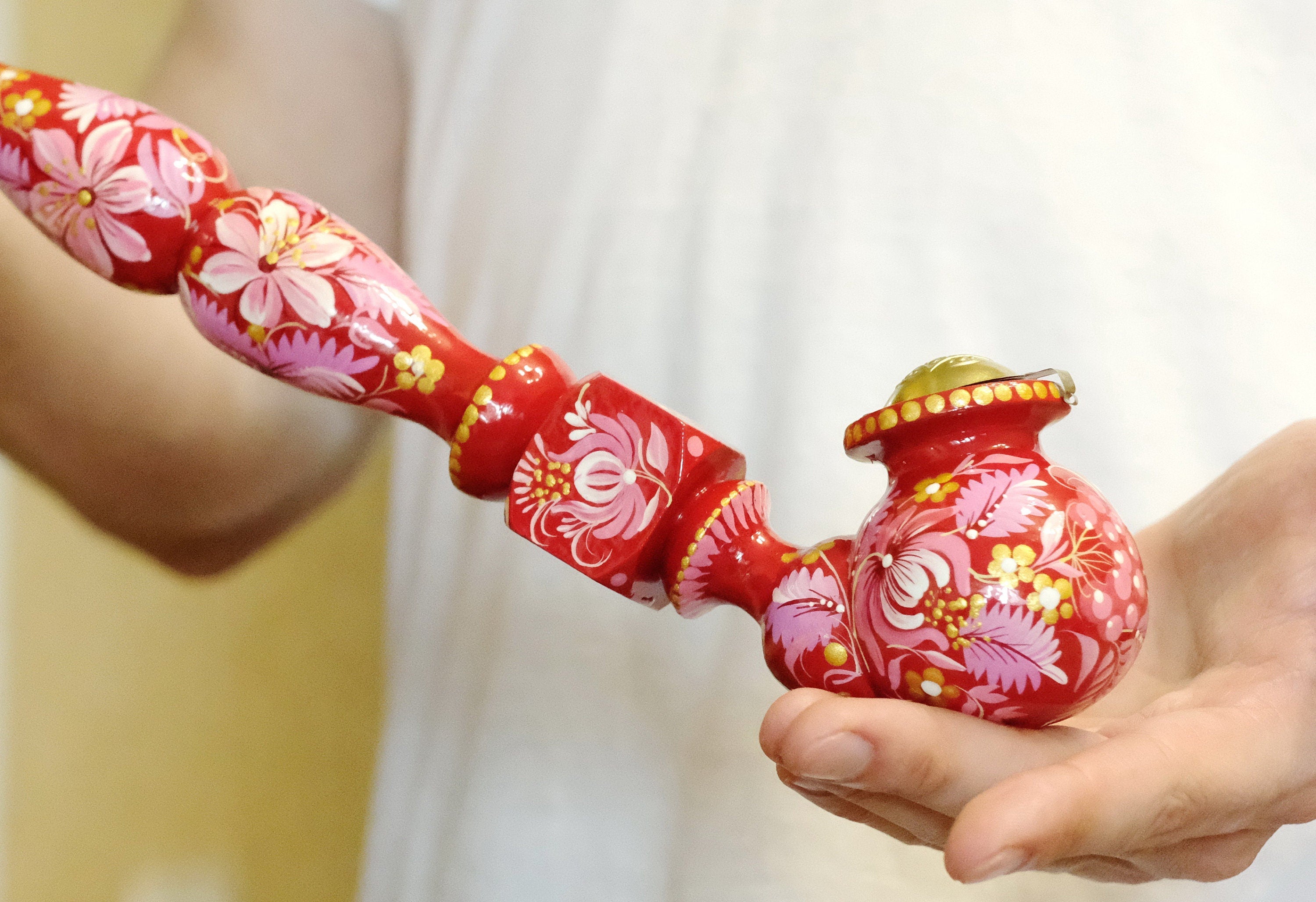 Extra Long Painted Wooden Smoking Pipe with Ukrainian Folk Art Petrykivka - Flower Tobacco Pipe with Lid