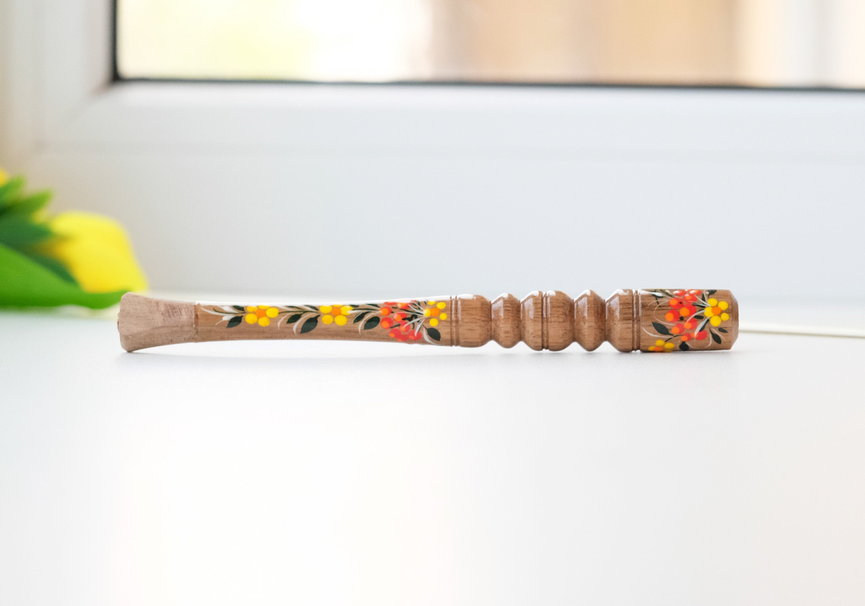 Painted Wooden Regular Cigarette Holder with Ukrainian Folk Art Petrykivka