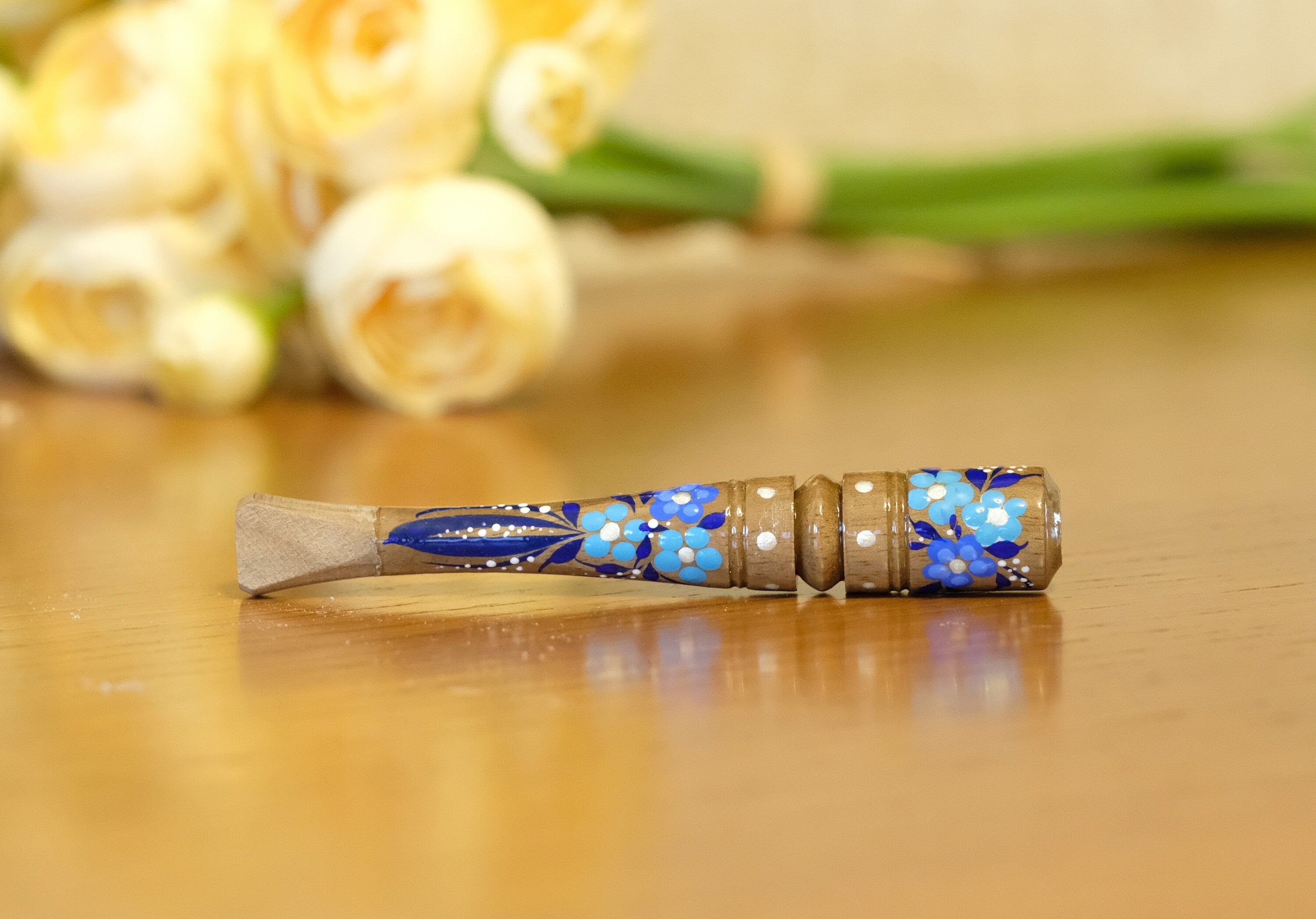 Painted Wooden Cigarette Holder - Regular Blue Flower Mouthpiece with Ukrainian Folk Art Petrykivka