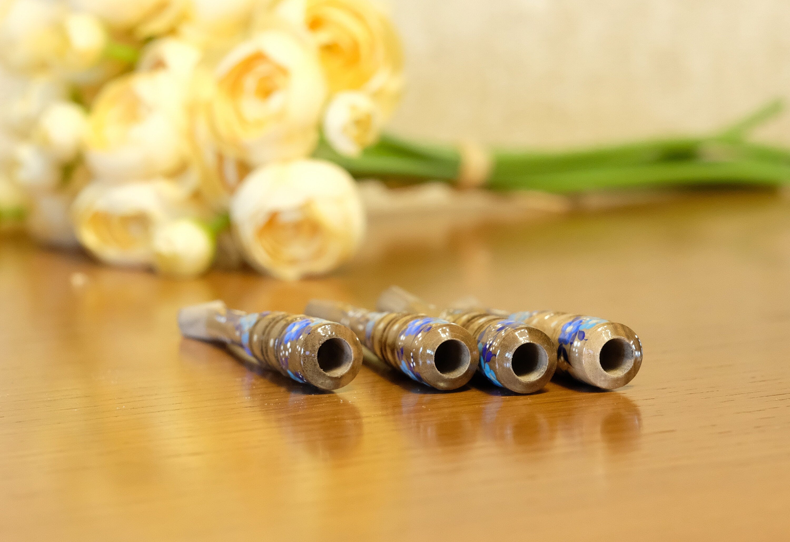 Painted Wooden Cigarette Holder - Regular Blue Flower Mouthpiece with Ukrainian Folk Art Petrykivka