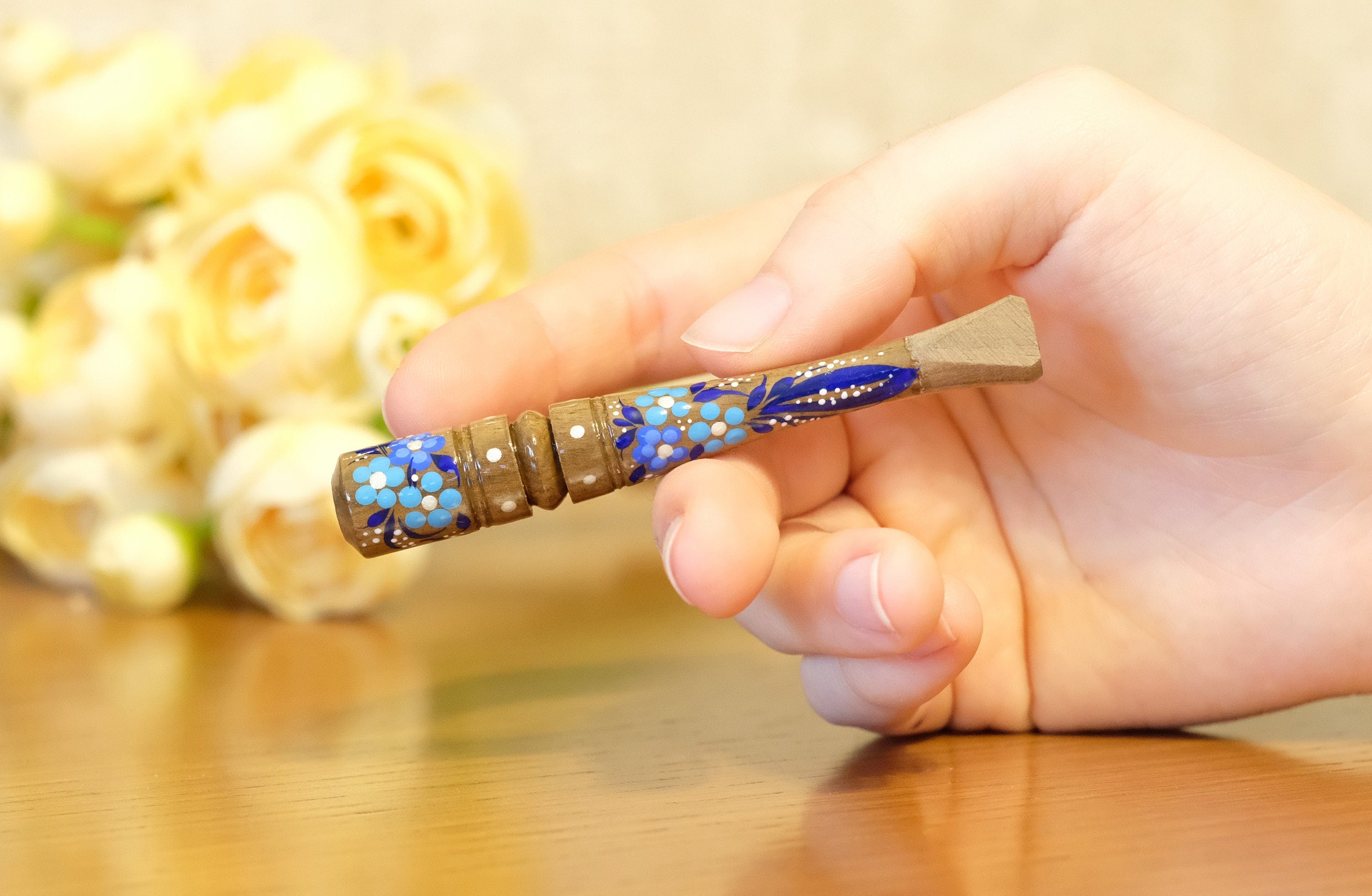 Painted Wooden Cigarette Holder - Regular Blue Flower Mouthpiece with Ukrainian Folk Art Petrykivka