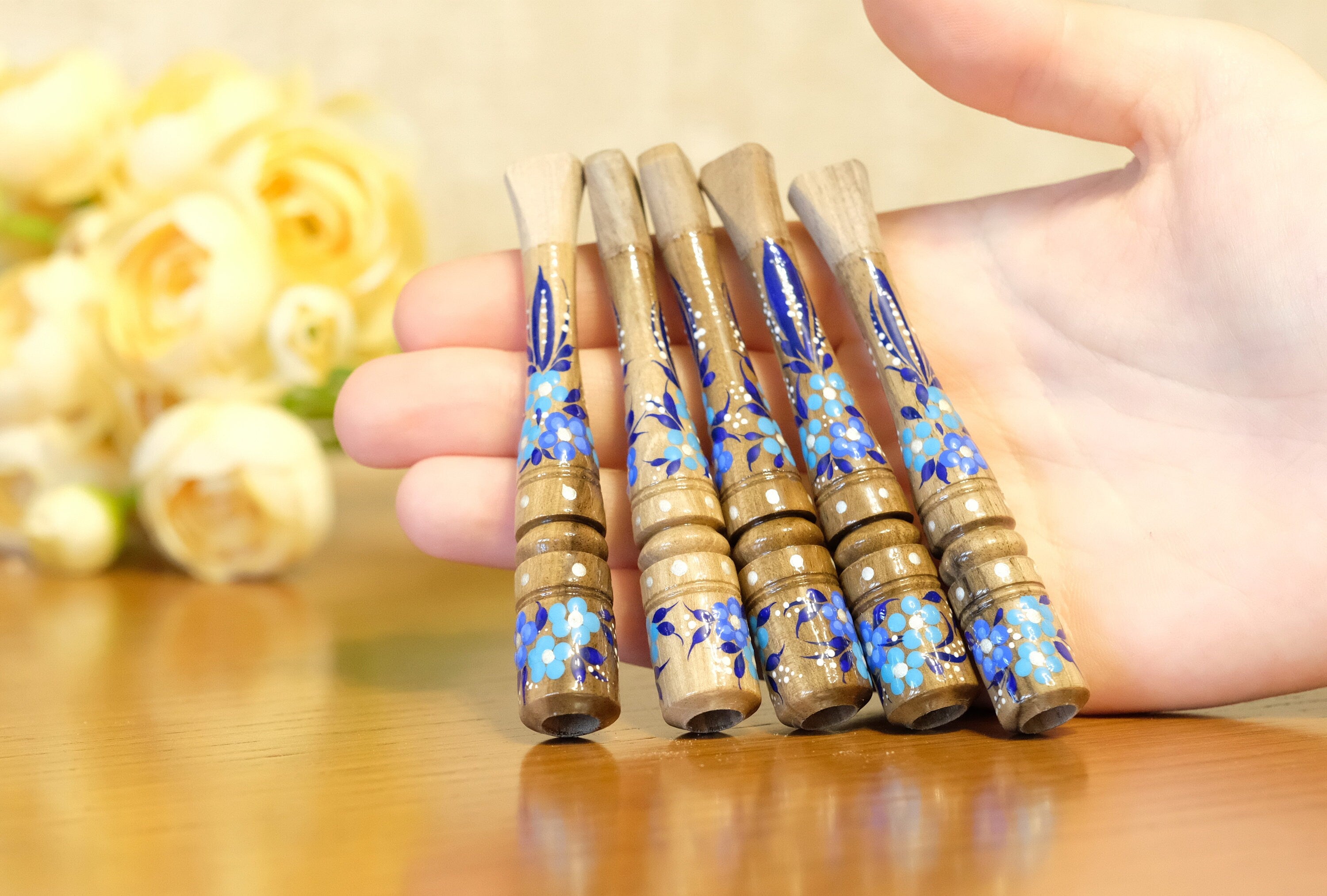 Painted Wooden Cigarette Holder - Regular Blue Flower Mouthpiece with Ukrainian Folk Art Petrykivka