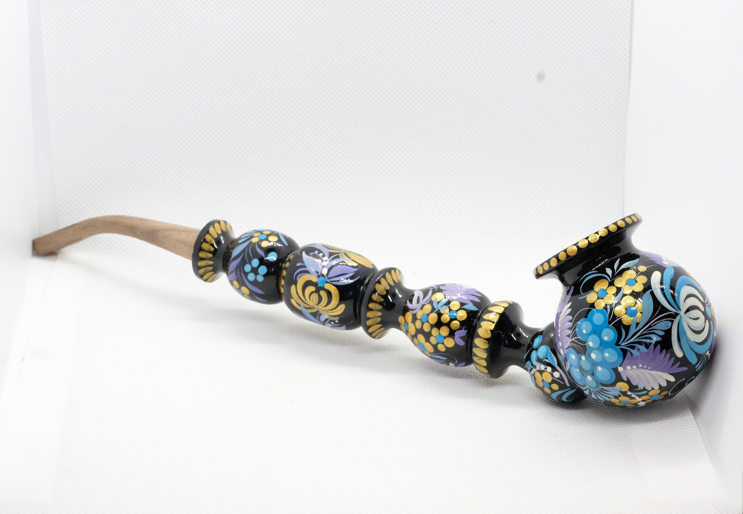 Long Wooden Smoking Pipe with Lid - Painted Ukrainian Folk Art Petrykivka Tobacco Pipe