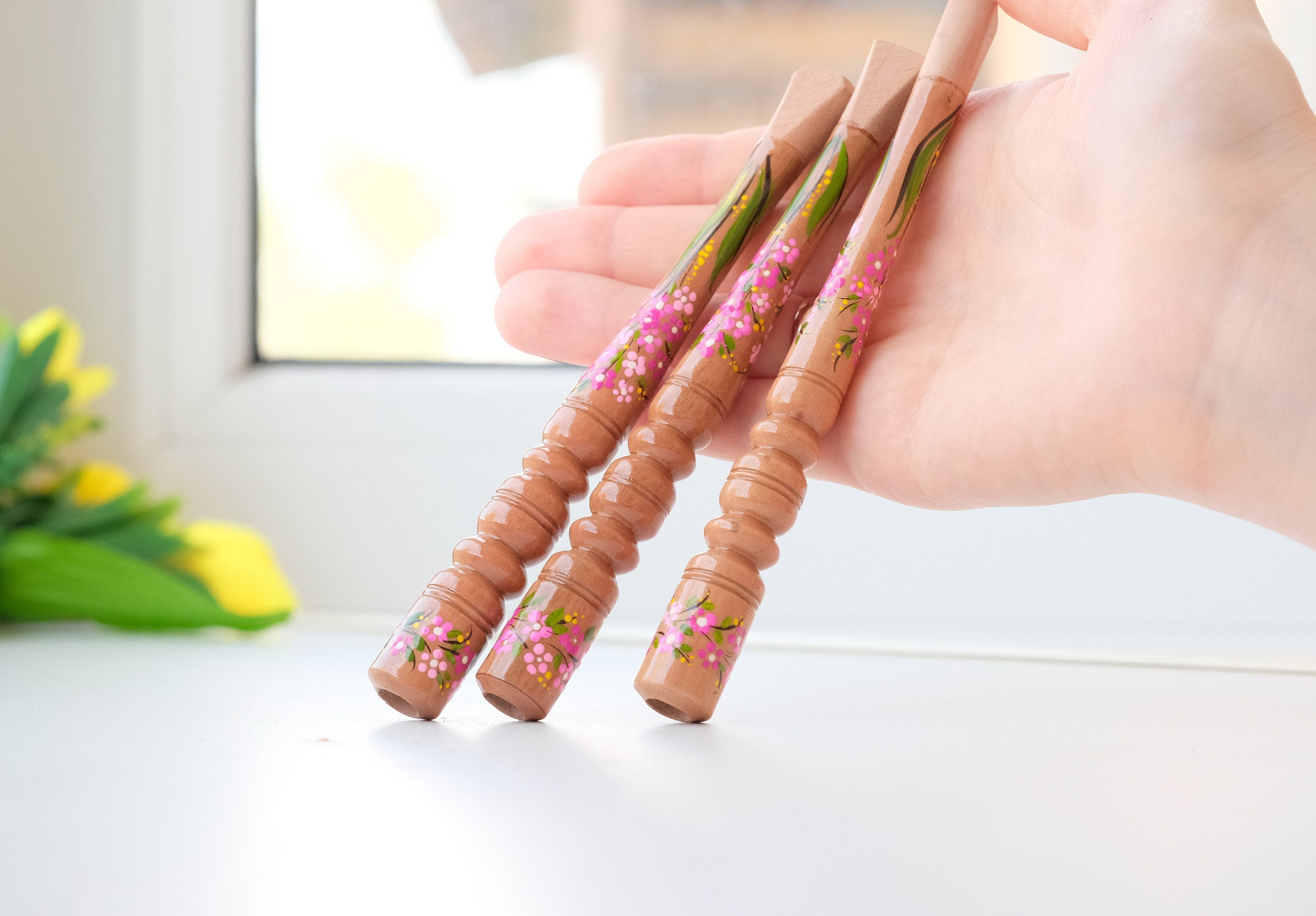 Painted Wooden Cigarette Holder for Regular Cigarette with Ukrainian Folk Art Petrykivka - Cherry Blossom