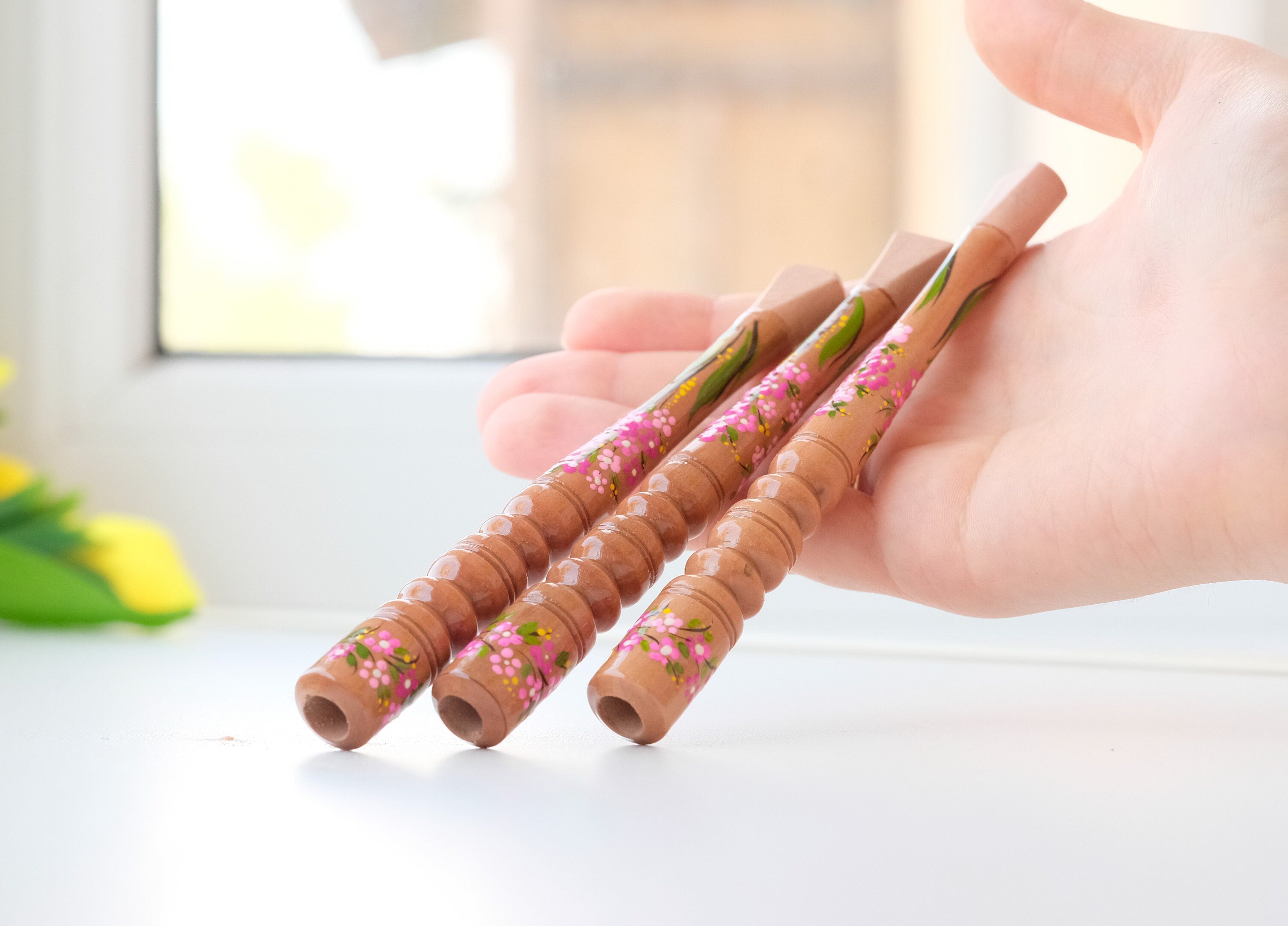 Painted Wooden Cigarette Holder for Regular Cigarette with Ukrainian Folk Art Petrykivka - Cherry Blossom