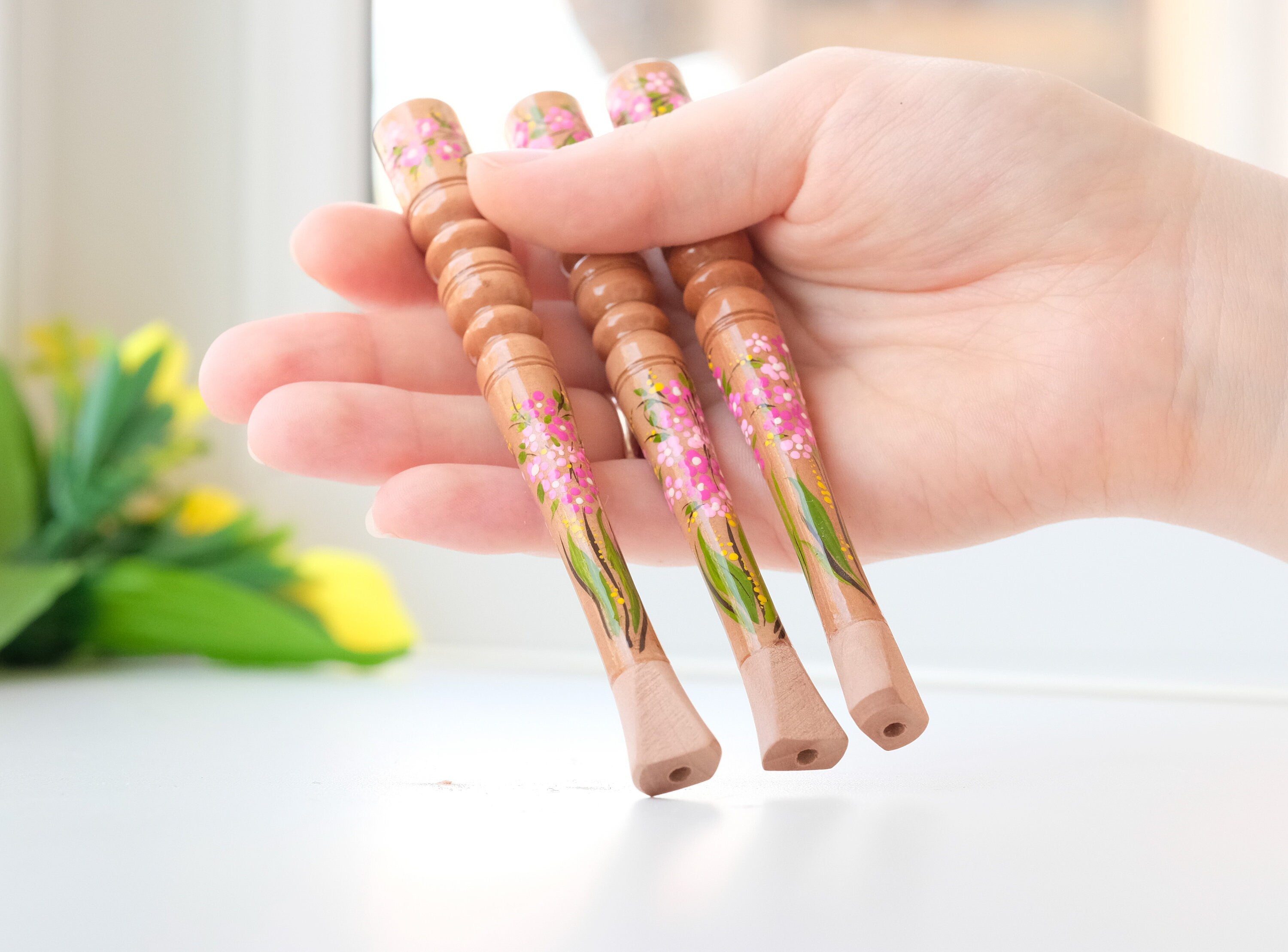 Painted Wooden Cigarette Holder for Regular Cigarette with Ukrainian Folk Art Petrykivka - Cherry Blossom