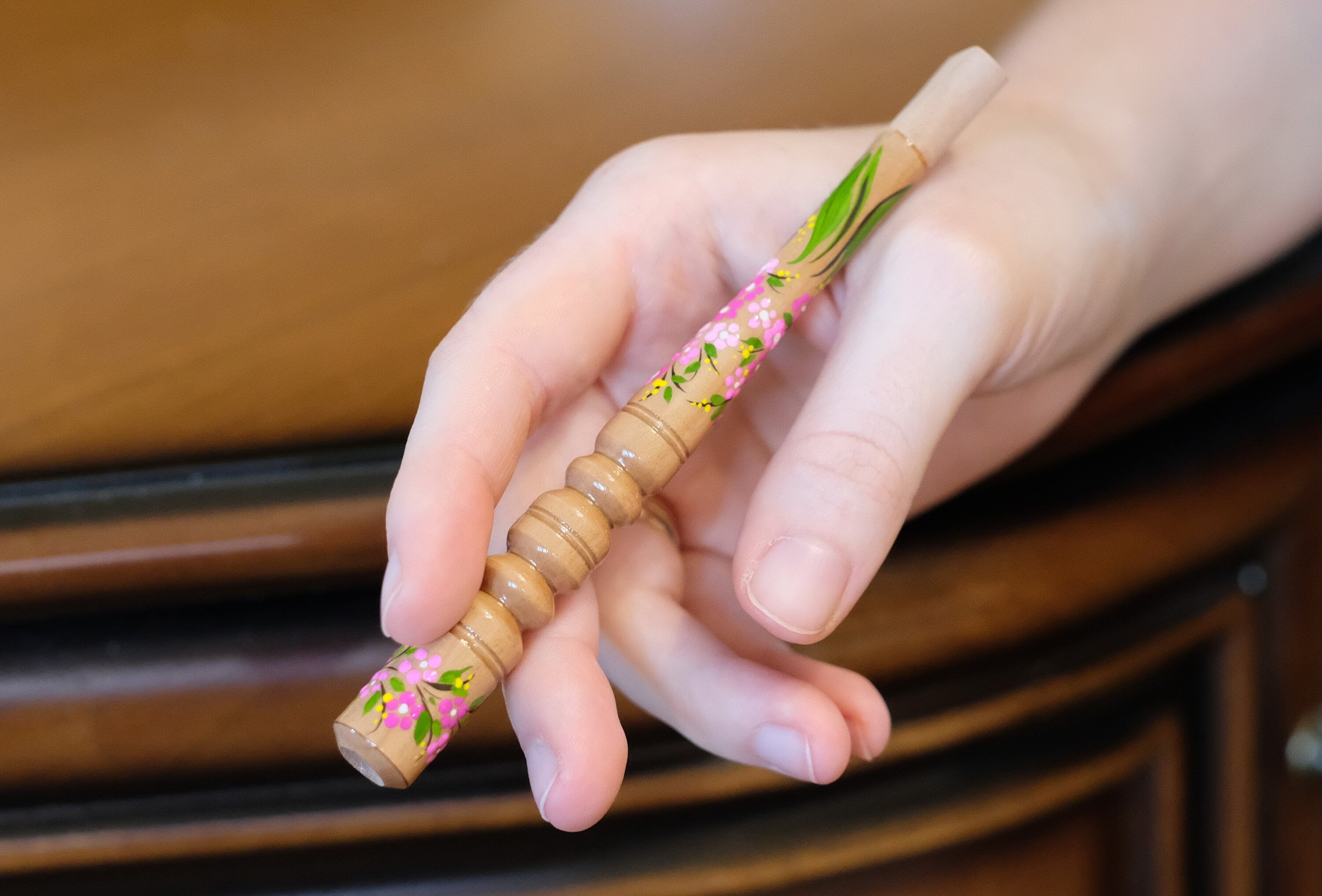 Painted Wooden Cigarette Holder for Regular Cigarette with Ukrainian Folk Art Petrykivka - Cherry Blossom