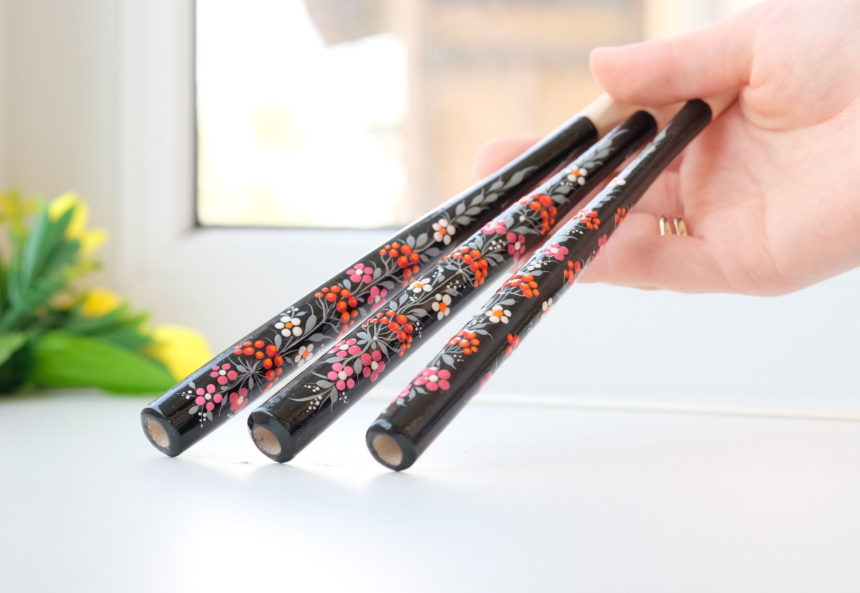 Long Painted Regular Cigarette Holder with Ukrainian Folk Art Petrykivka, Carved from Wood