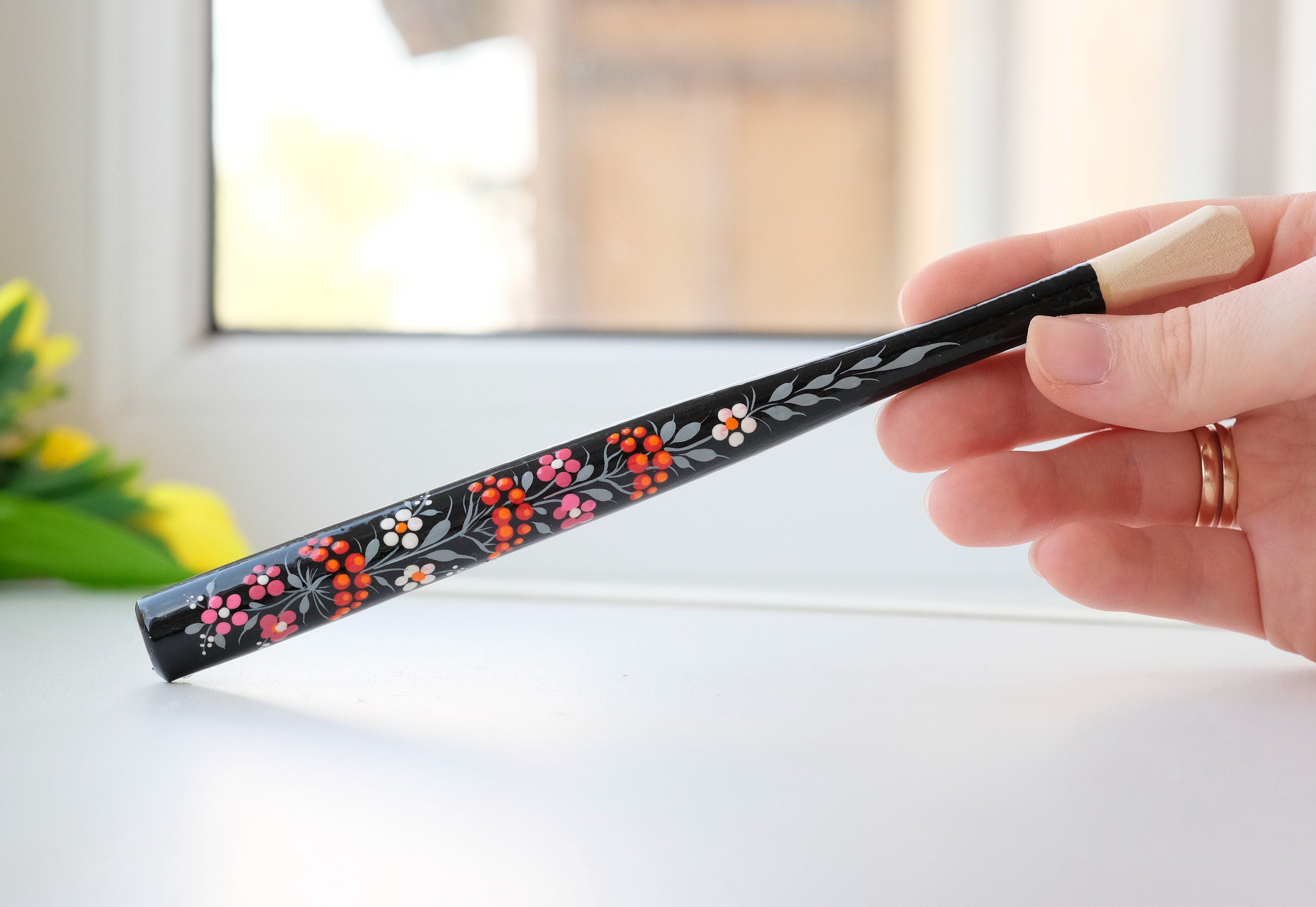 Long Painted Regular Cigarette Holder with Ukrainian Folk Art Petrykivka, Carved from Wood