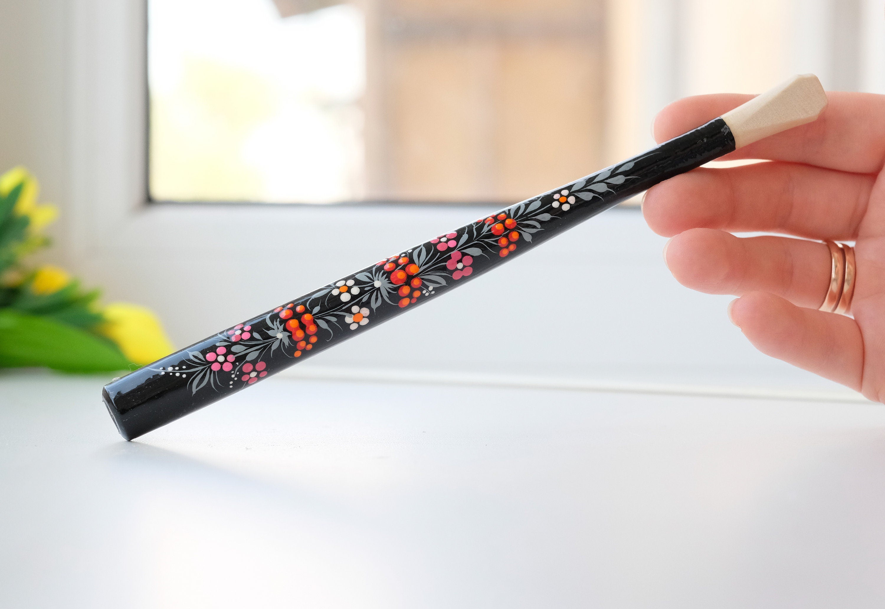 Long Painted Regular Cigarette Holder with Ukrainian Folk Art Petrykivka, Carved from Wood