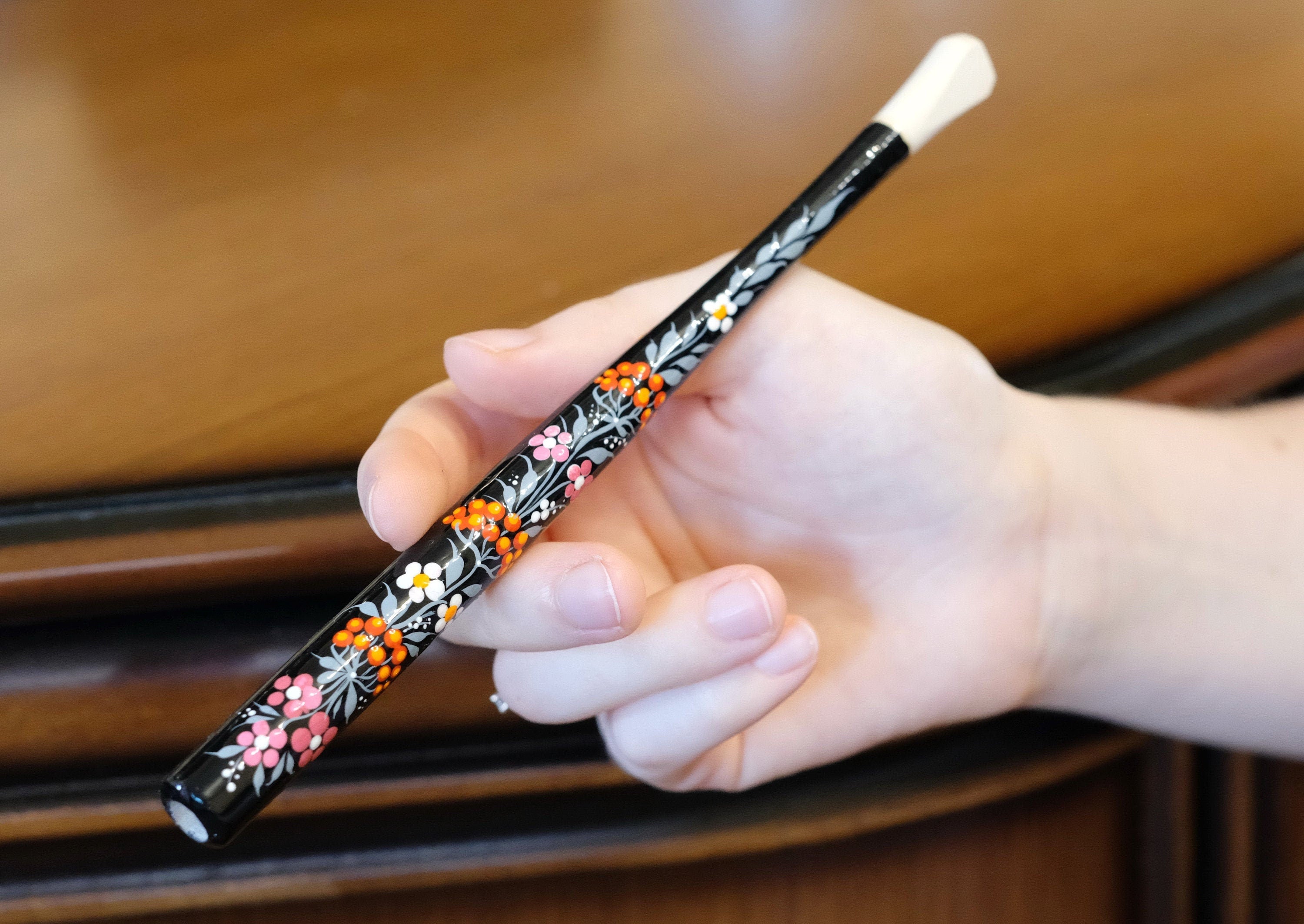 Long Painted Regular Cigarette Holder with Ukrainian Folk Art Petrykivka, Carved from Wood