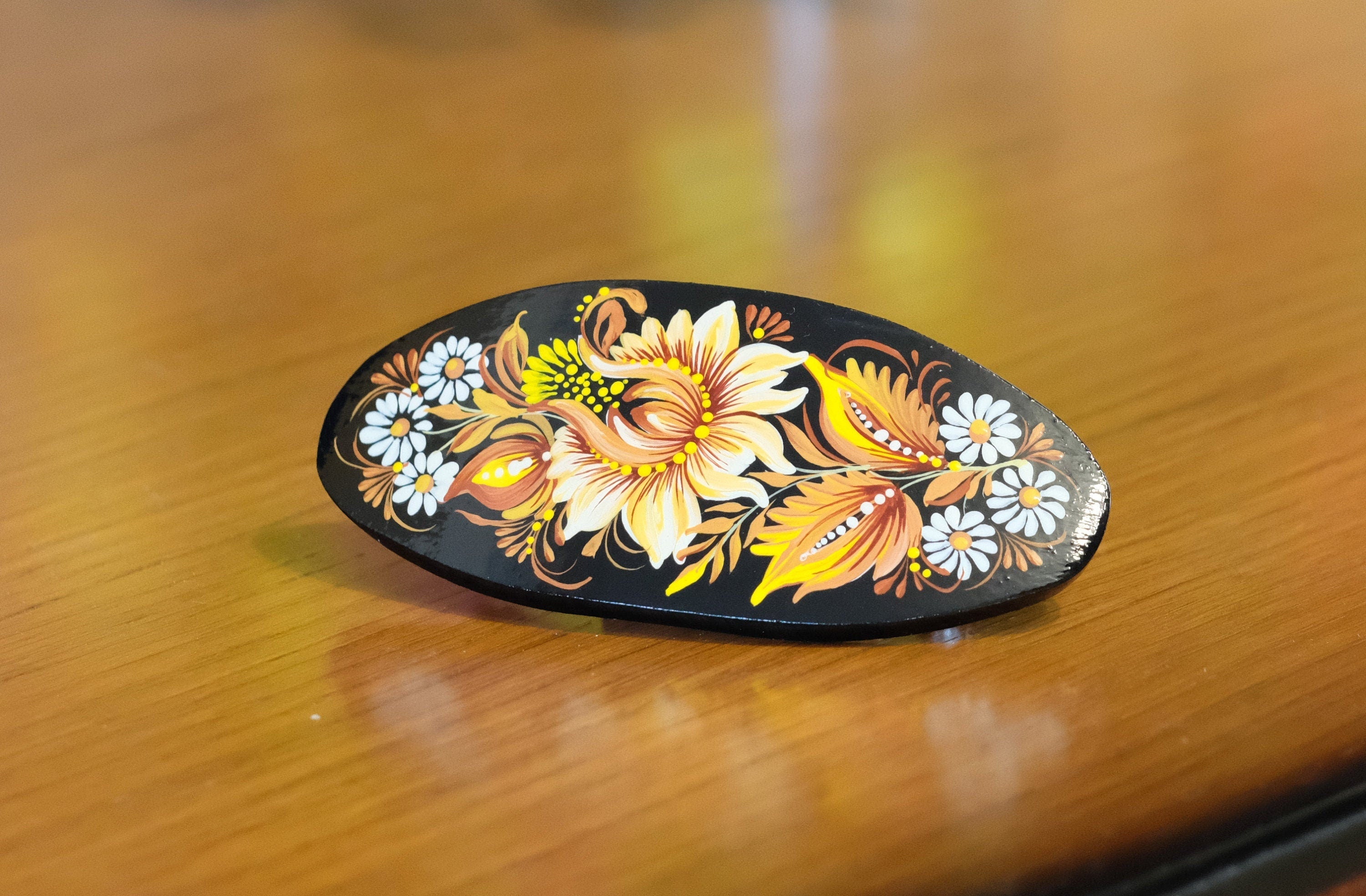 Painted Wooden Beige Flower Hair Barrette - Handmade Artisanal Petrykivka Art French Hair Clip
