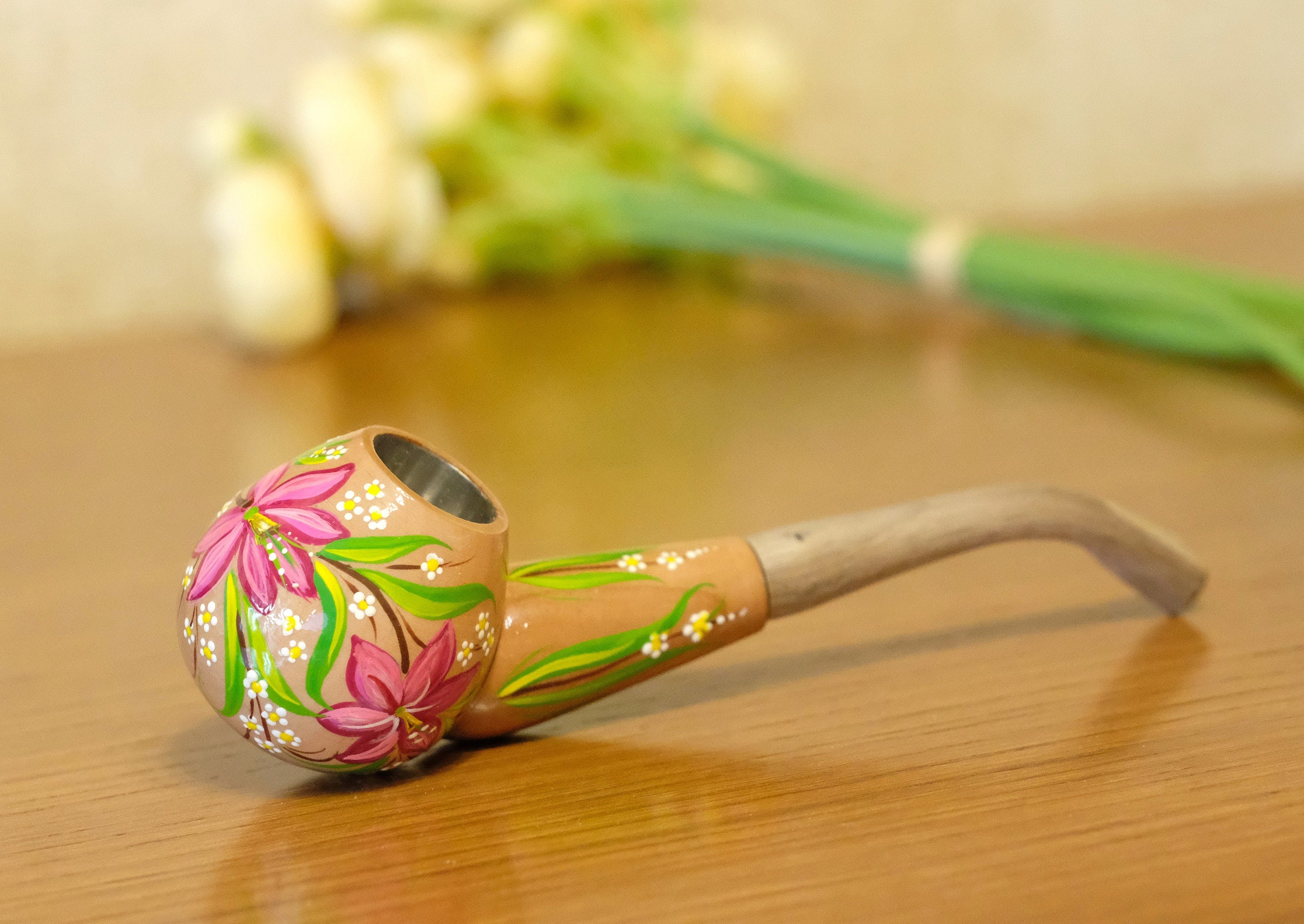 Painted Wooden Tobacco Smoking Pipe - Lily Flower Pipe with Ukrainian Folk Art Petrykivka