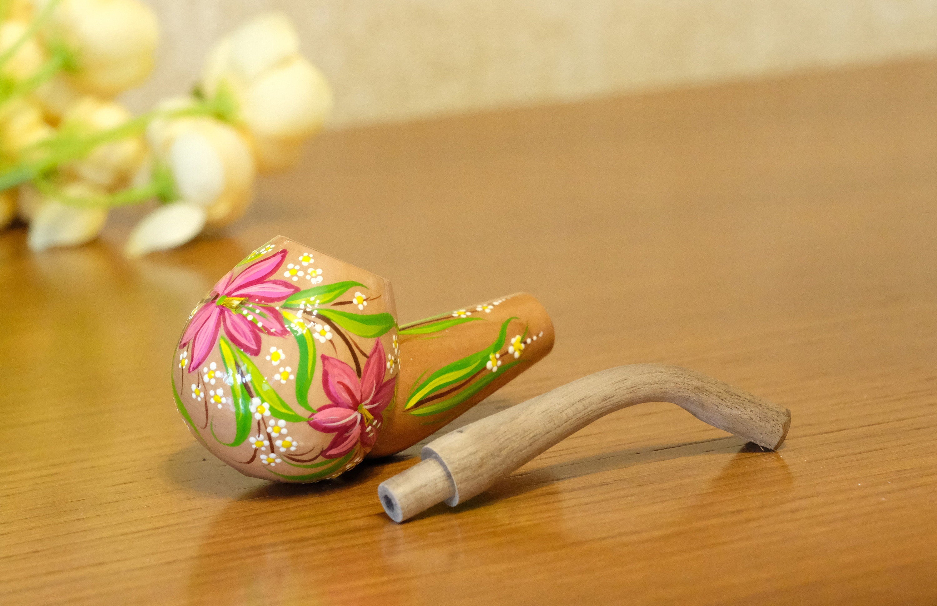Painted Wooden Tobacco Smoking Pipe - Lily Flower Pipe with Ukrainian Folk Art Petrykivka