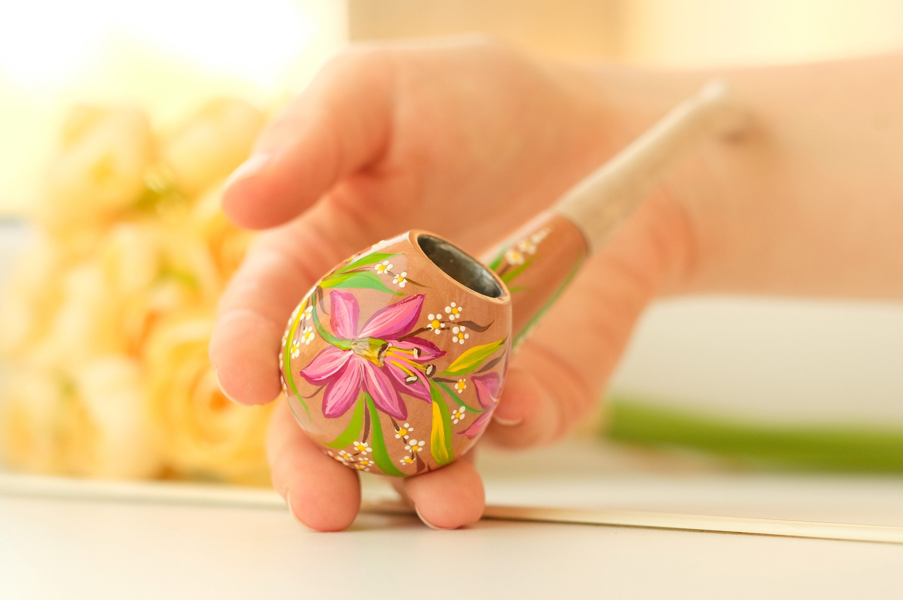 Painted Wooden Tobacco Smoking Pipe - Lily Flower Pipe with Ukrainian Folk Art Petrykivka