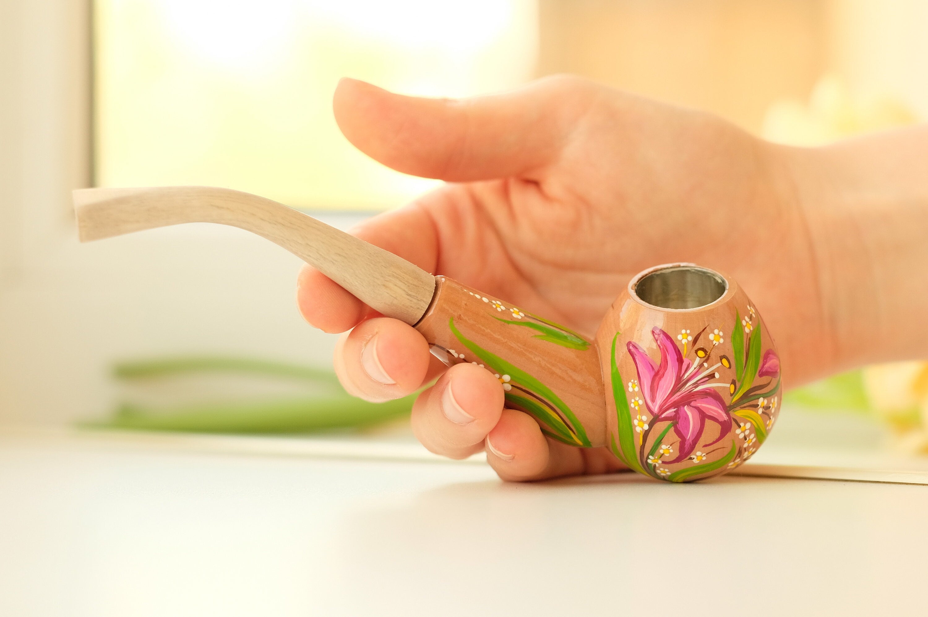 Painted Wooden Tobacco Smoking Pipe - Lily Flower Pipe with Ukrainian Folk Art Petrykivka