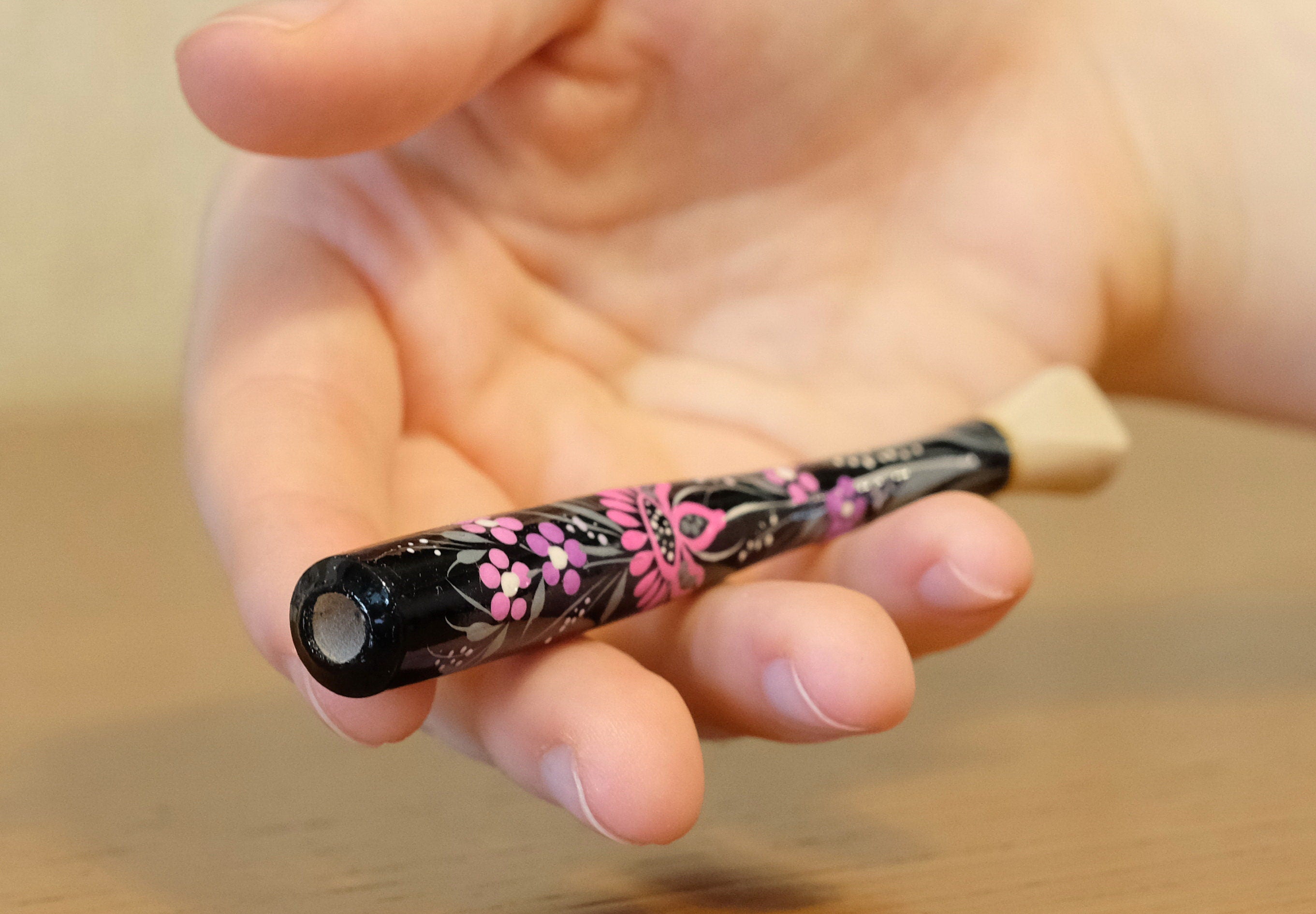 Wooden Slim Cigarette Holder Hand-painted with Ukrainian Folk Art Petrykivka