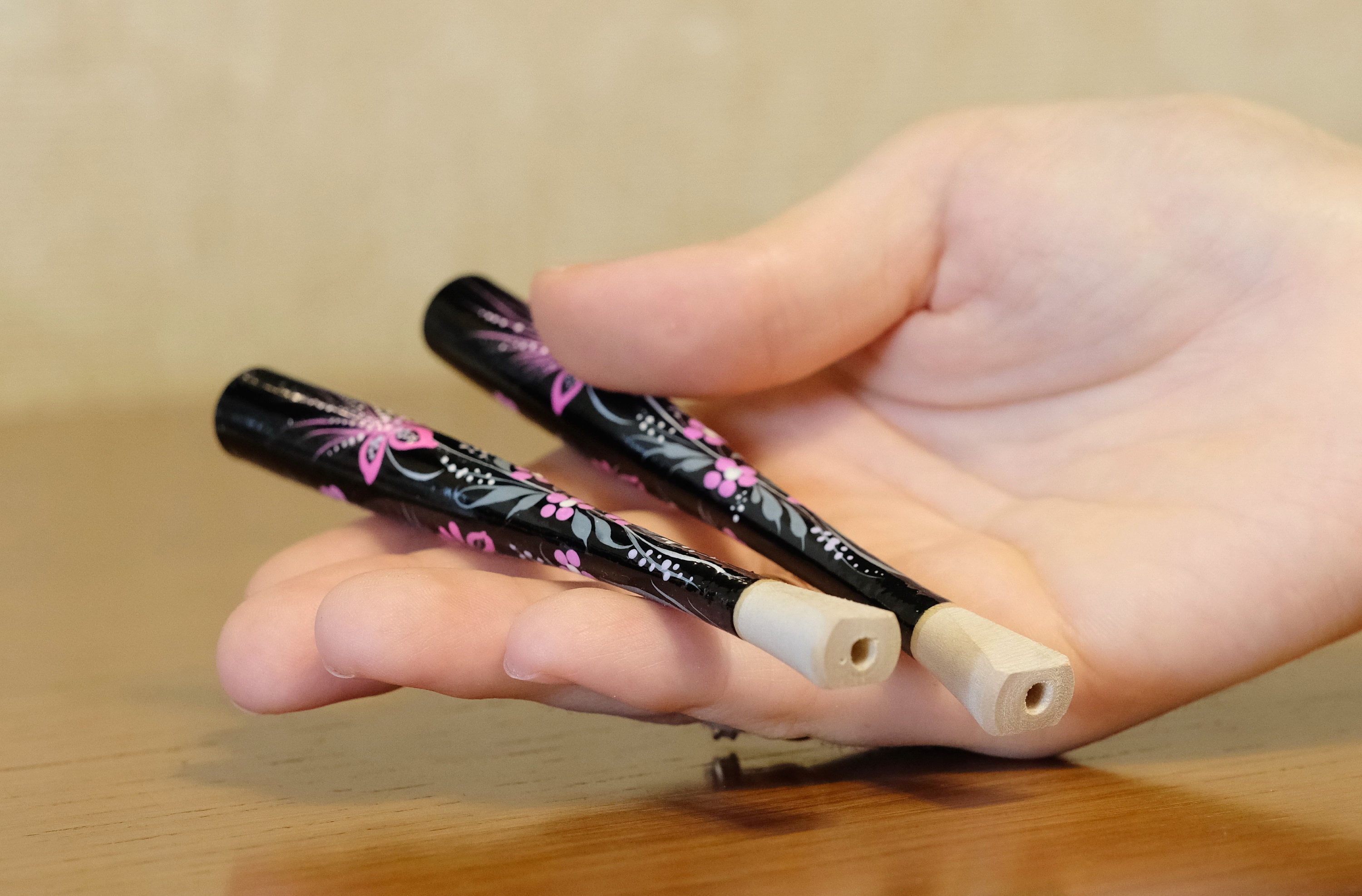 Wooden Slim Cigarette Holder Hand-painted with Ukrainian Folk Art Petrykivka