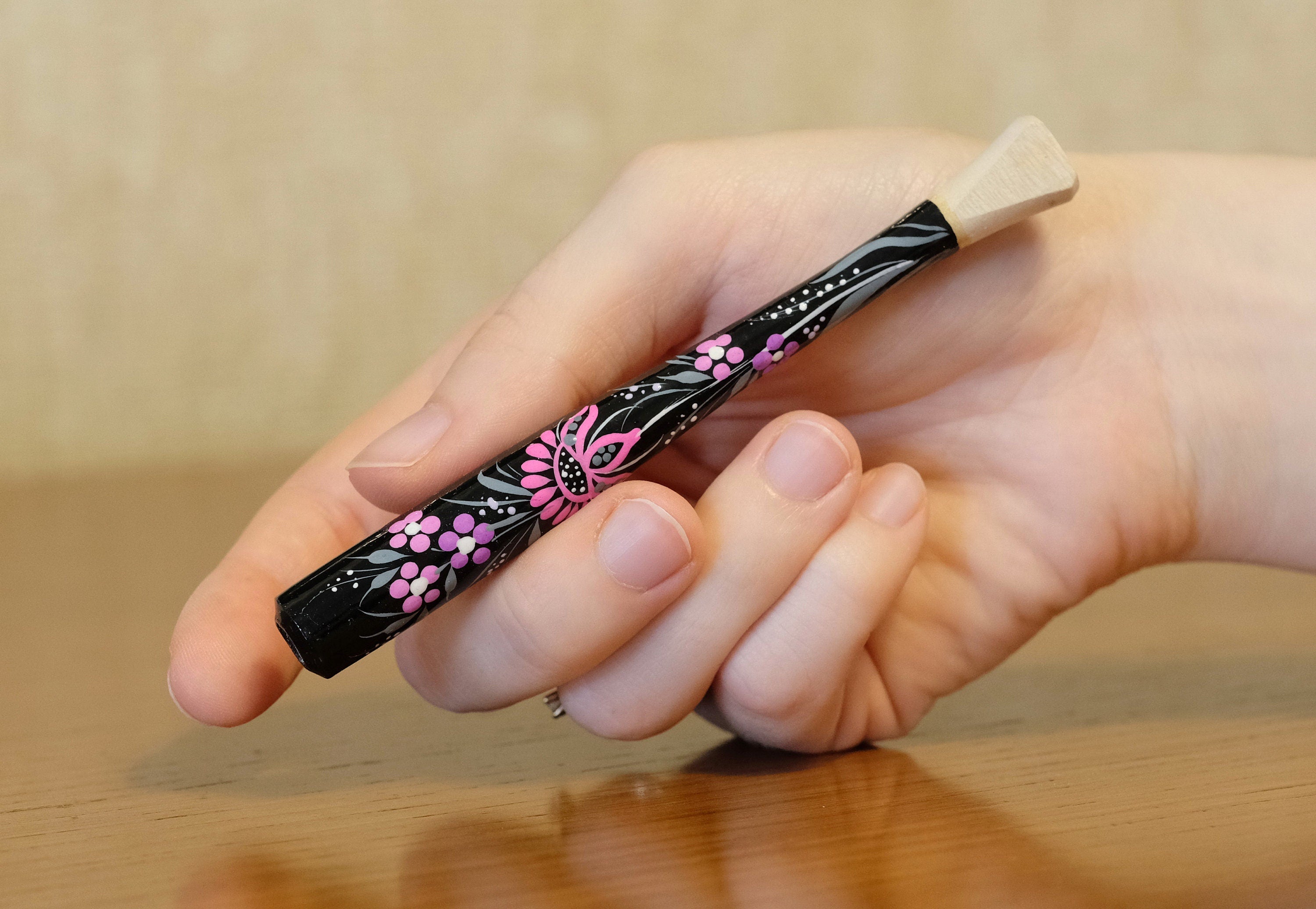 Wooden Slim Cigarette Holder Hand-painted with Ukrainian Folk Art Petrykivka