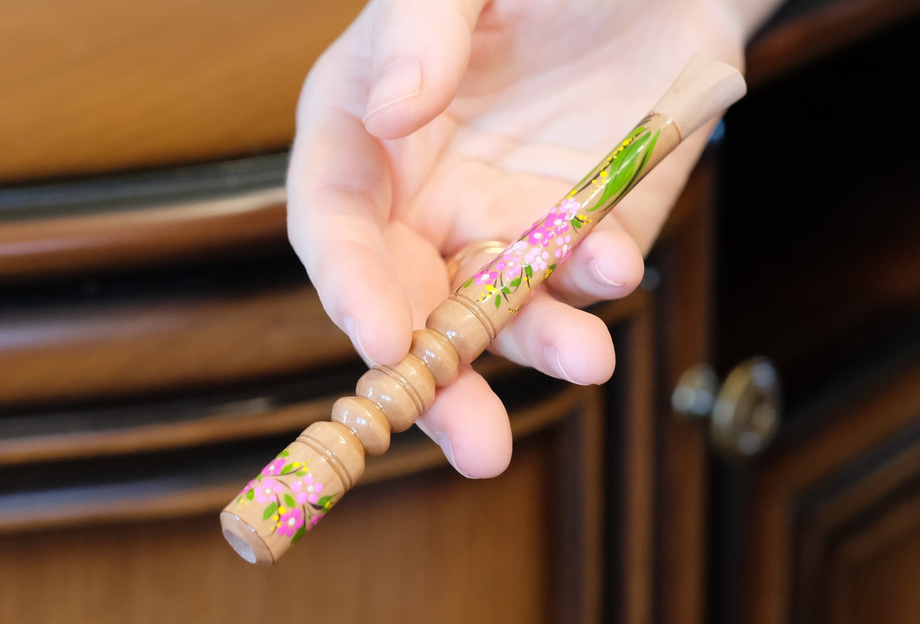 Painted Wooden Cigarette Holder for Regular Cigarette with Ukrainian Folk Art Petrykivka - Cherry Blossom
