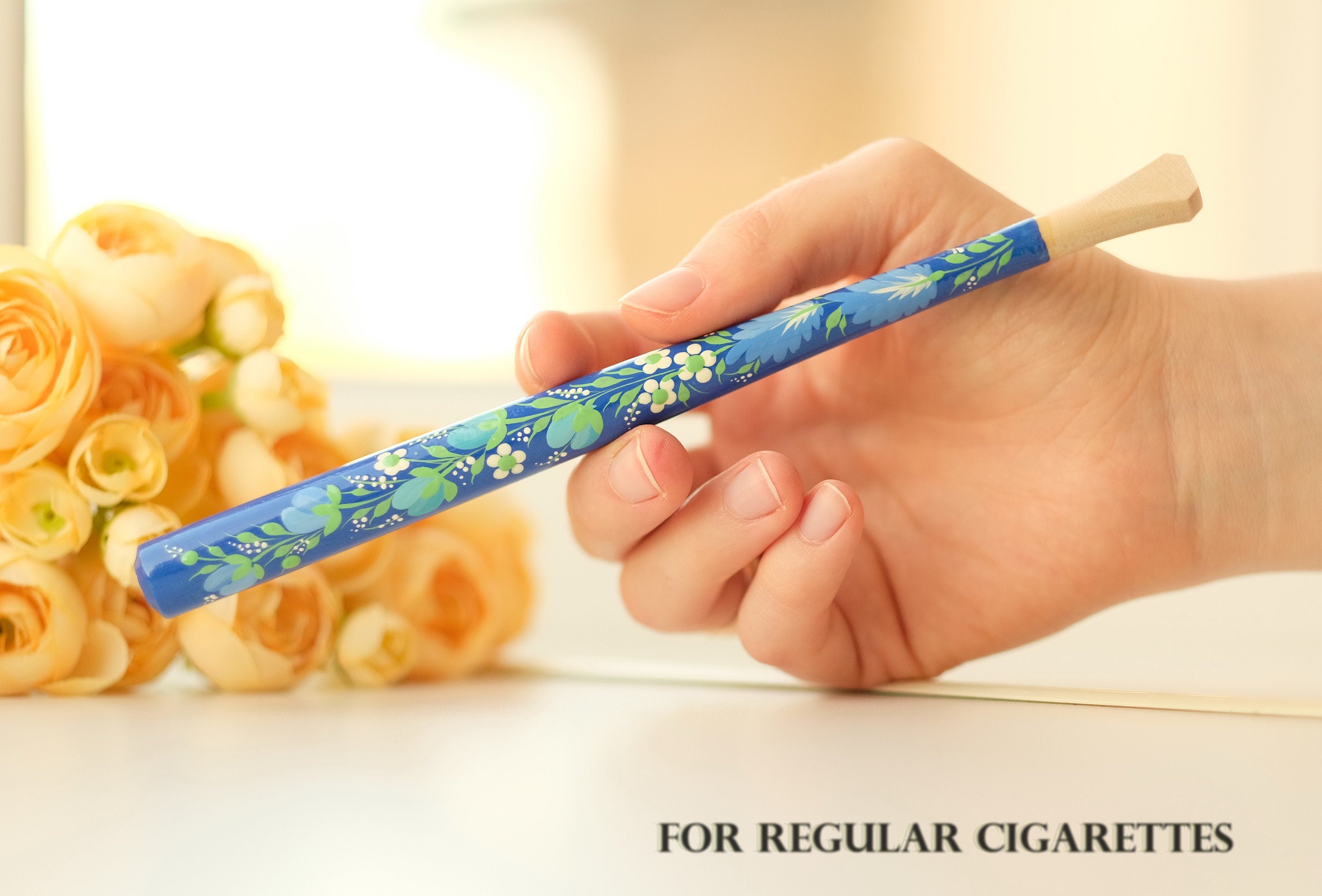 Painted Wooden Cigarette Holder - Regular & Slim - Blue Flower Mouthpiece with Ukrainian Folk Art Petrykivka