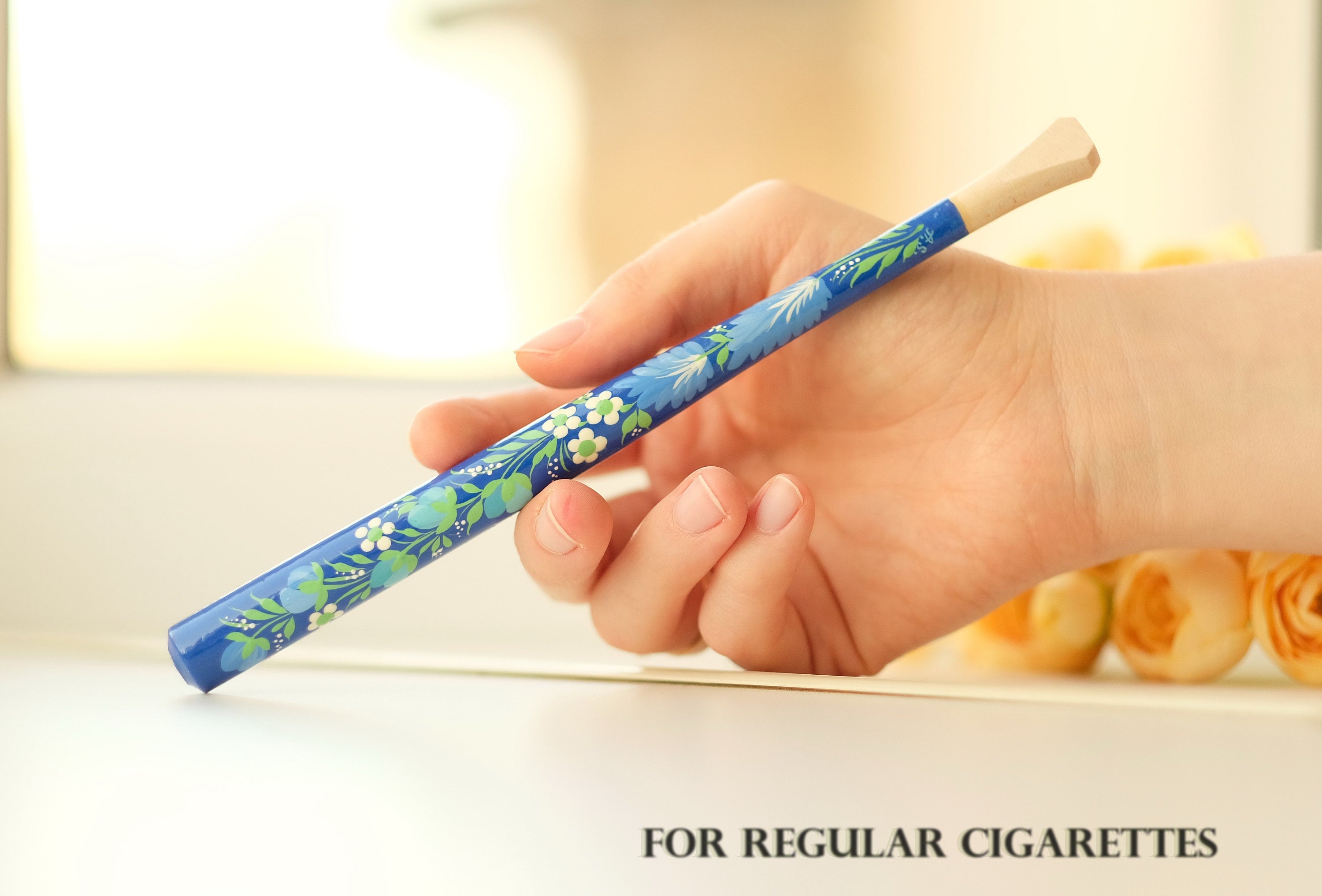 Painted Wooden Cigarette Holder - Regular & Slim - Blue Flower Mouthpiece with Ukrainian Folk Art Petrykivka