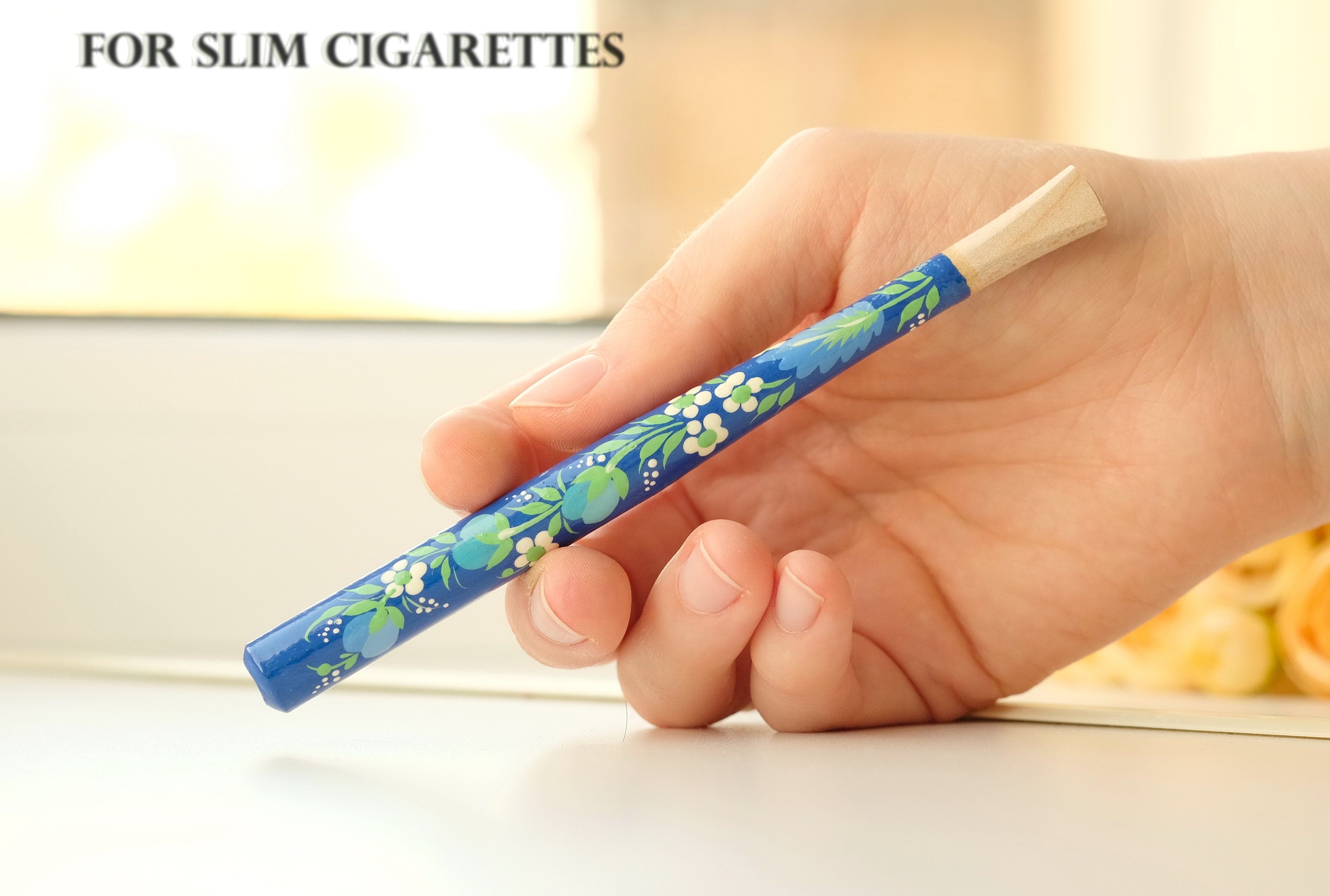 Painted Wooden Cigarette Holder - Regular & Slim - Blue Flower Mouthpiece with Ukrainian Folk Art Petrykivka