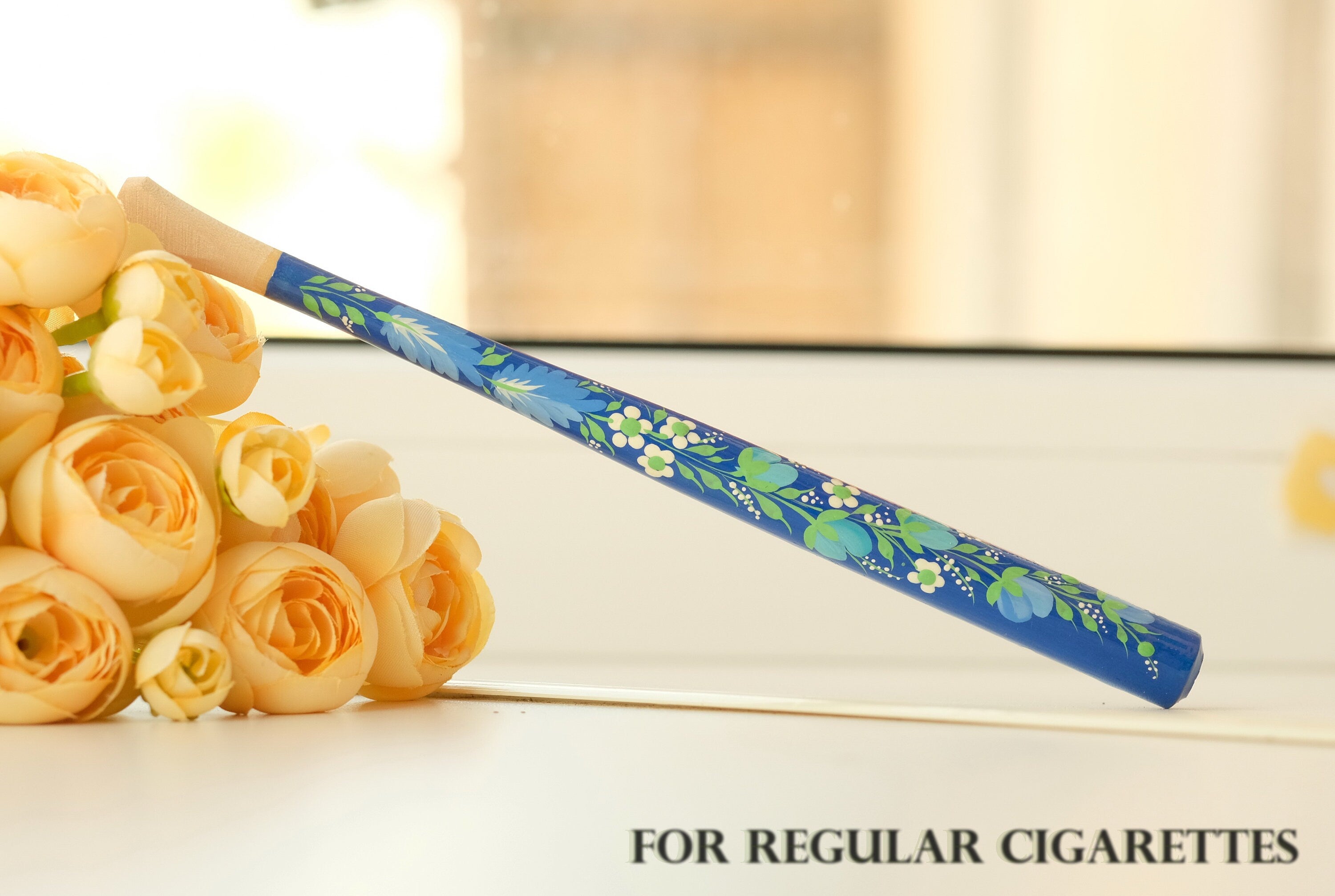Painted Wooden Cigarette Holder - Regular & Slim - Blue Flower Mouthpiece with Ukrainian Folk Art Petrykivka
