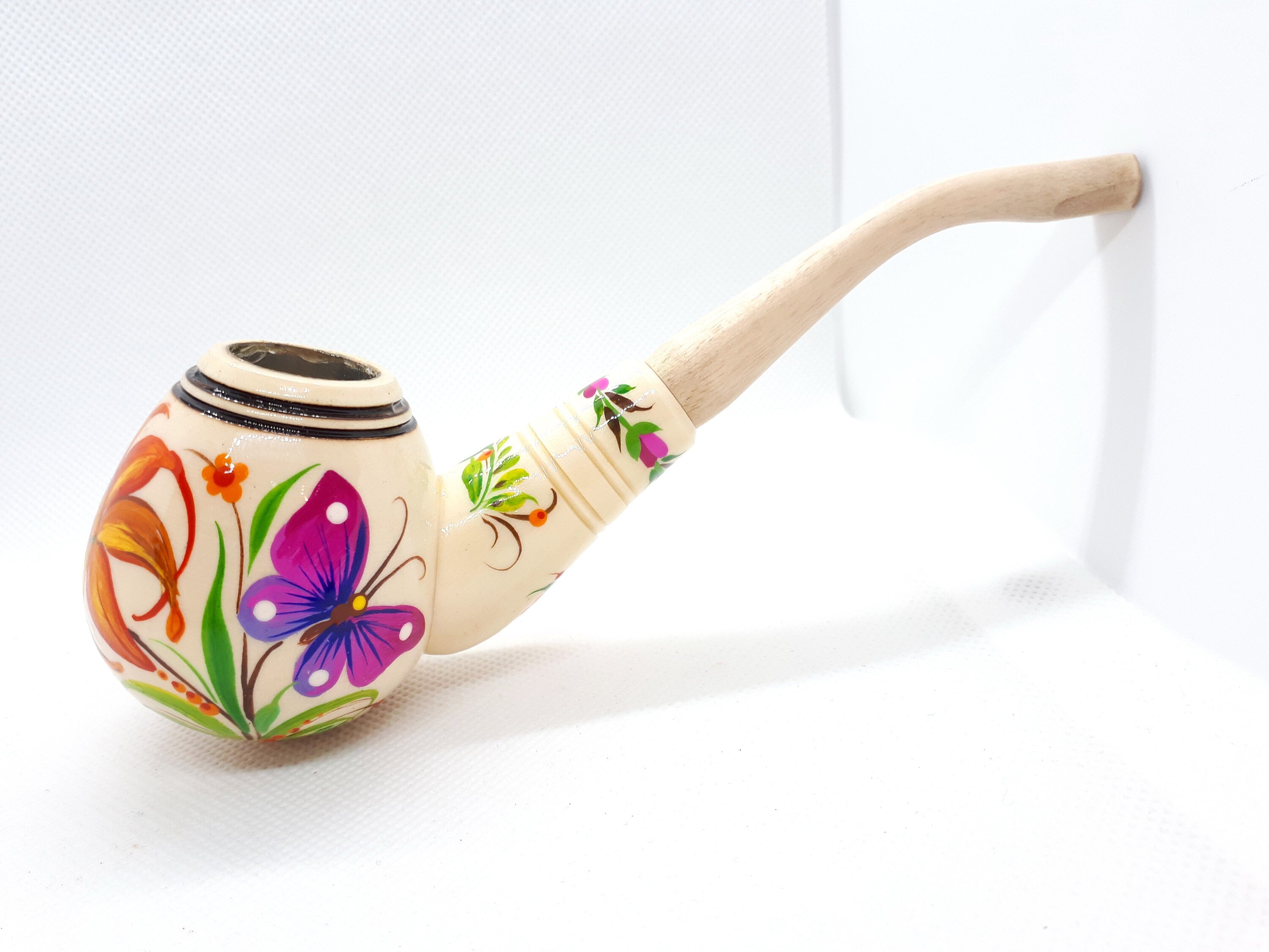Painted Wooden Smoking Pipe - Hummingbird Tobacco Pipe with Ukrainian Folk Art Petrykivka