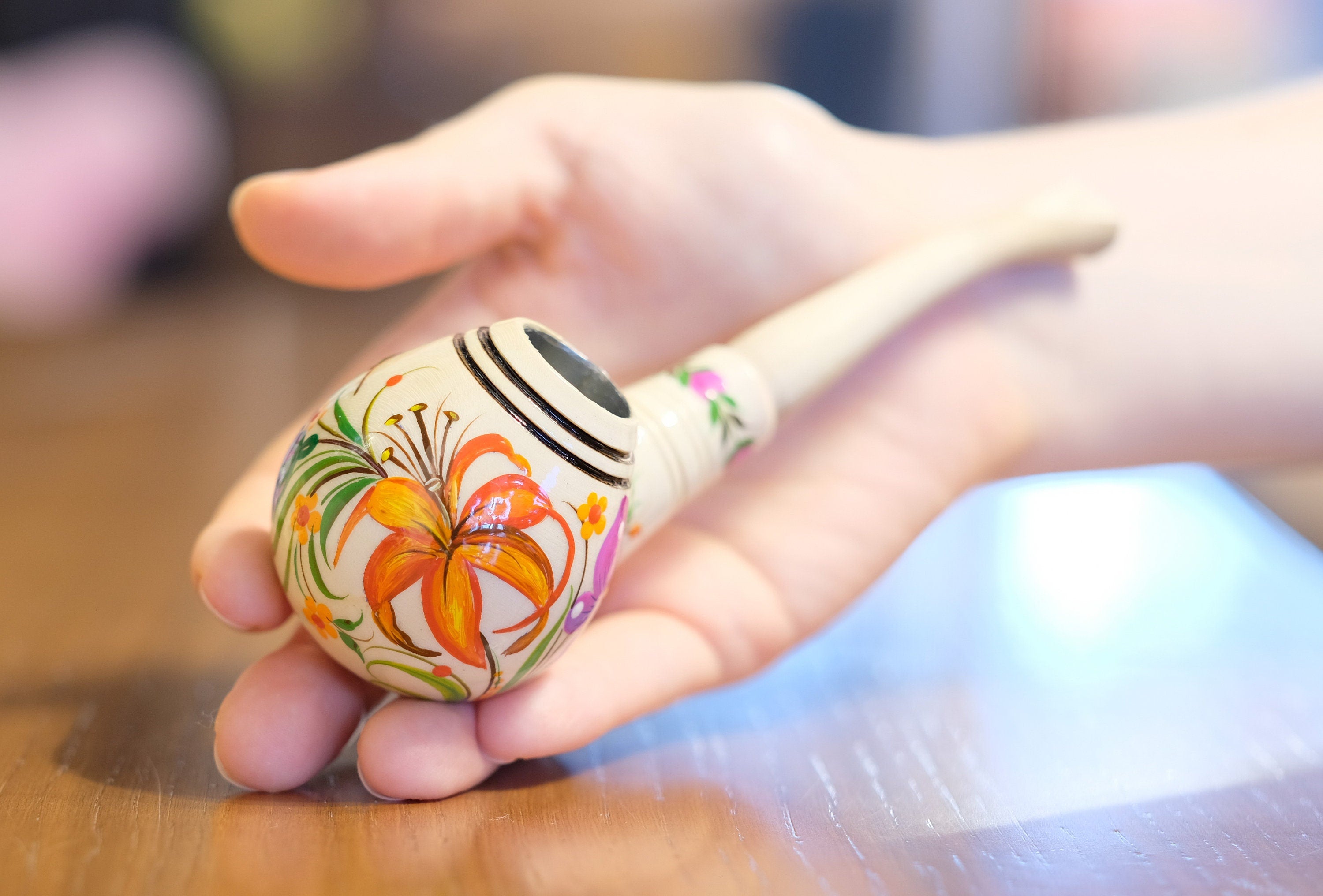 Painted Wooden Smoking Pipe - Hummingbird Tobacco Pipe with Ukrainian Folk Art Petrykivka